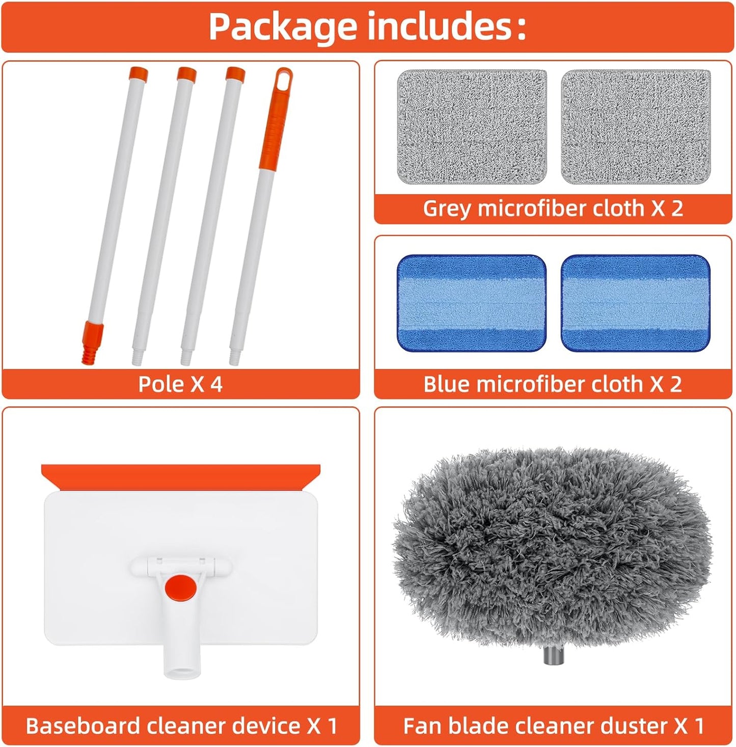 Baseboard Cleaning Tool with Extendable Handle – Reusable Duster Pads (Gray)