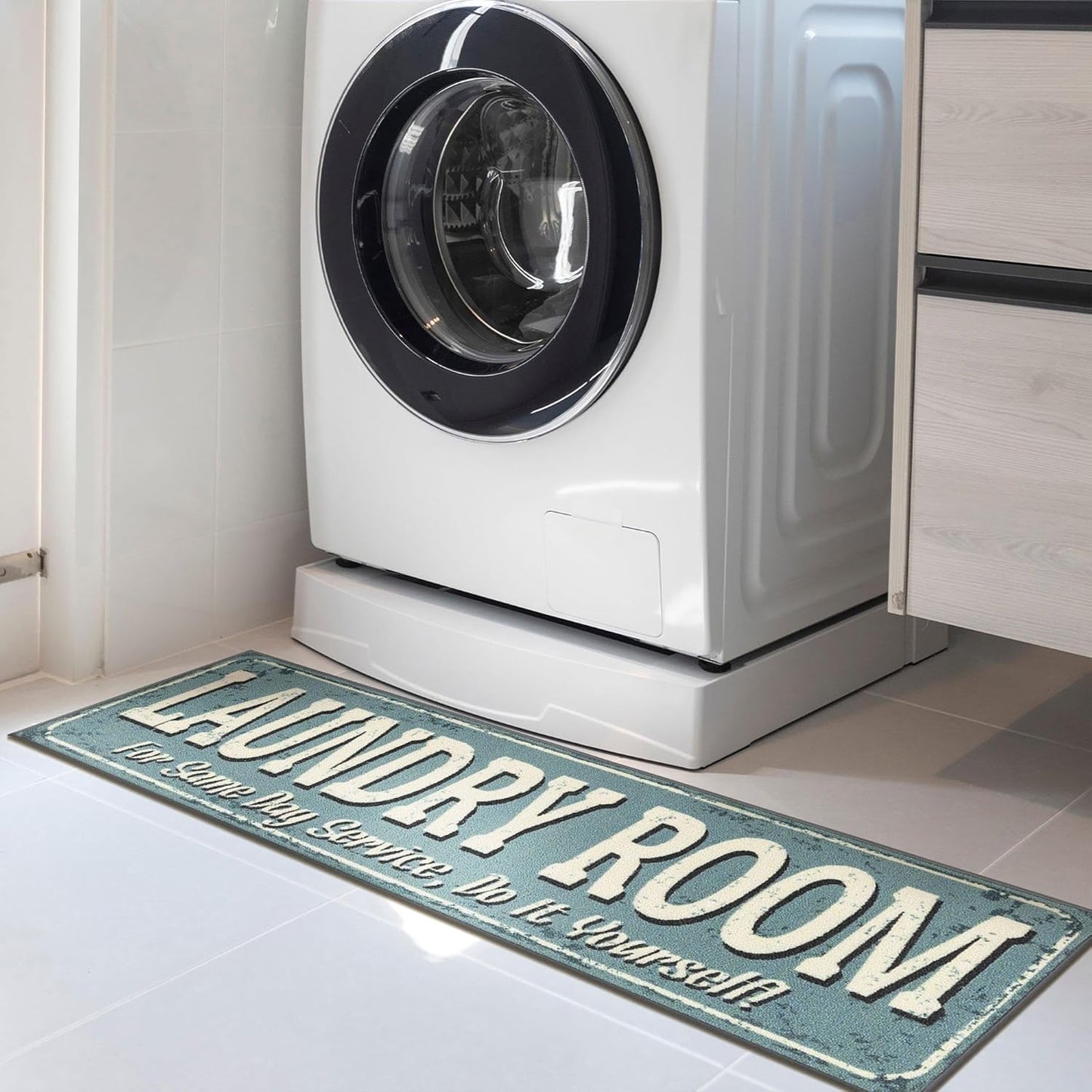 20"x59" Baby Blue Laundry Room Rug – Machine Washable Runner with Non-Slip Rubber Back for Bathroom, Washroom & Entryway