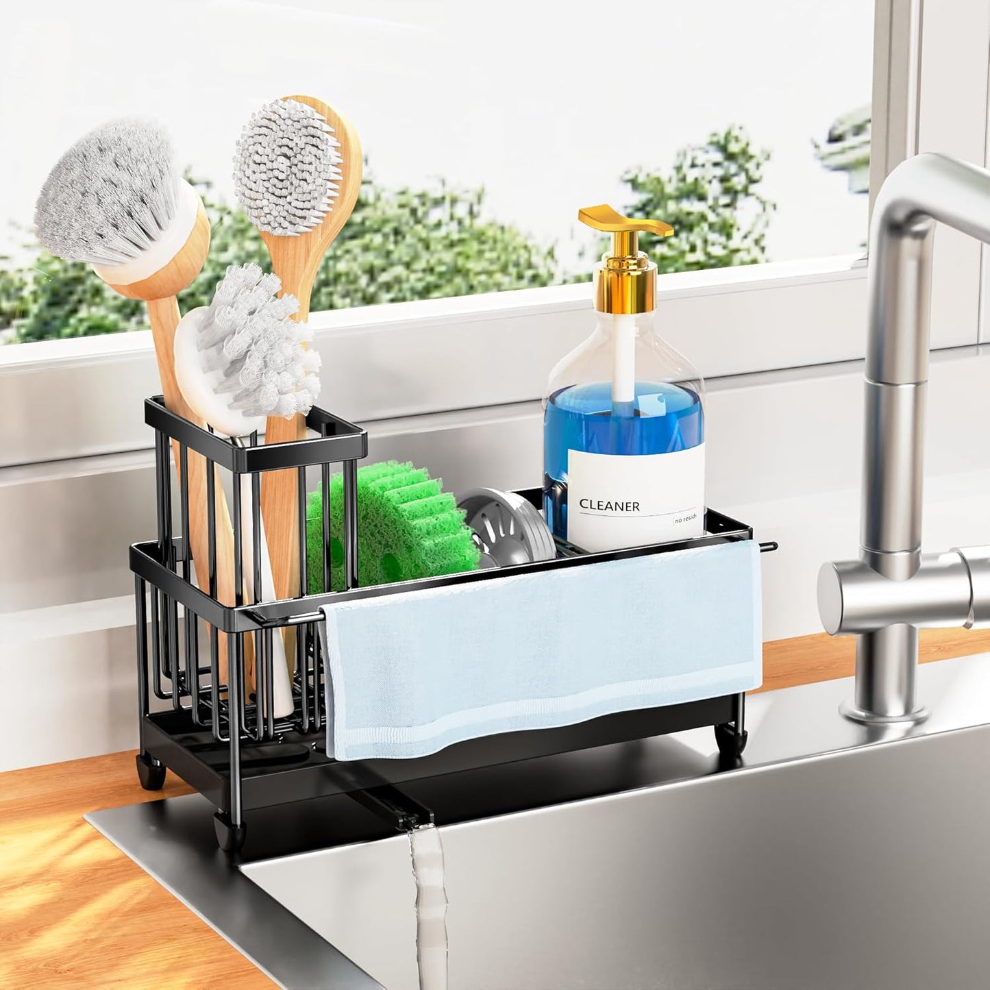 Black Sink Caddy Organizer – Rustproof Sponge Holder with Brush Slot & Soap Dispenser Space, 304 Stainless Steel