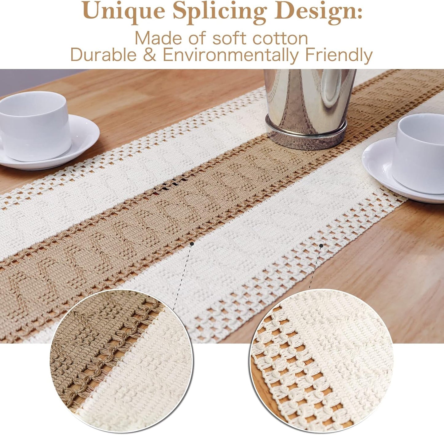 Farmhouse Macrame Table Runner – Rustic Boho Cotton Lace Decor for Dining Tables, 72"x12