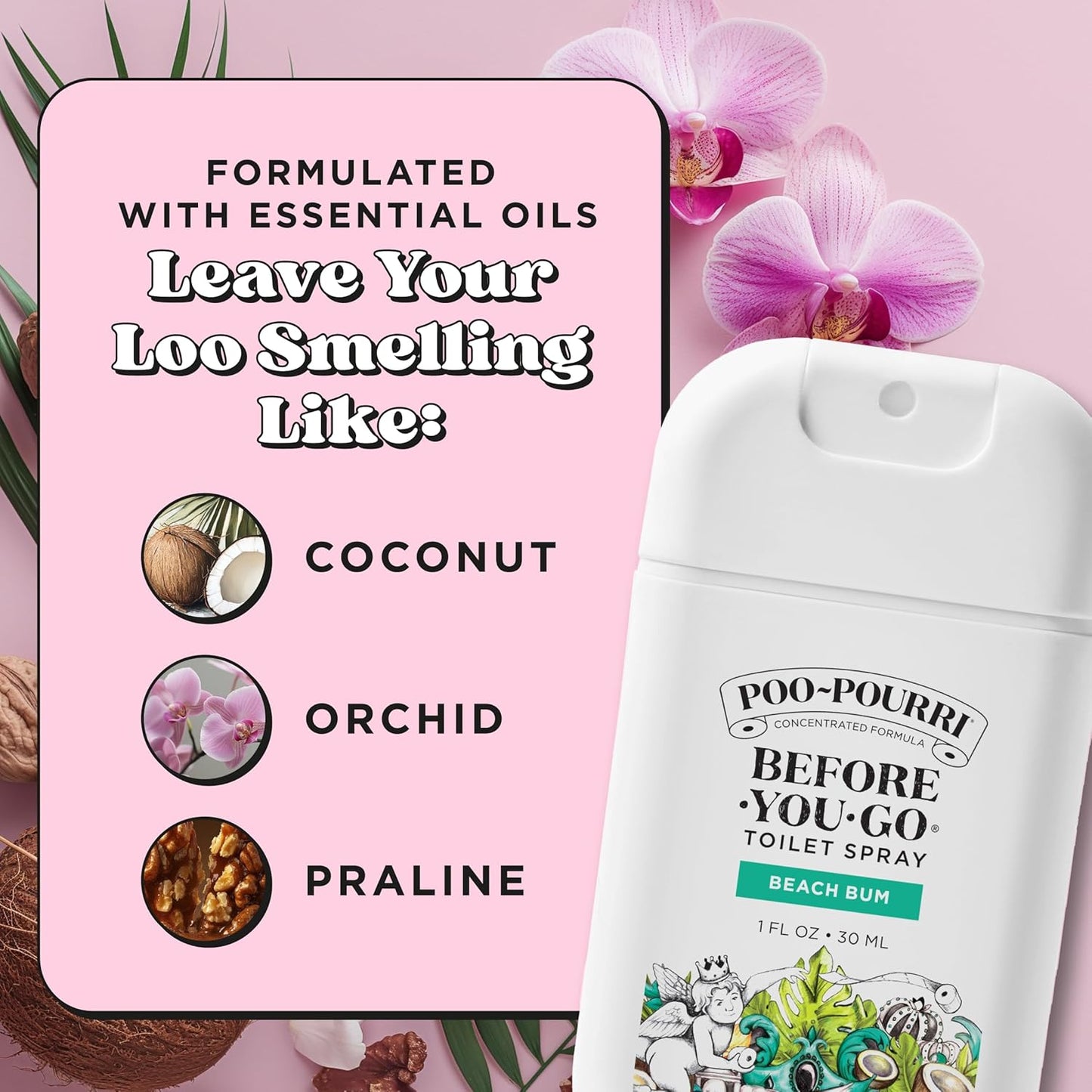 Before-You-Go Toilet Spray – Beach Scent (Coconut, Orchid & Praline) Pocket Odor Eliminator with Essential Oils