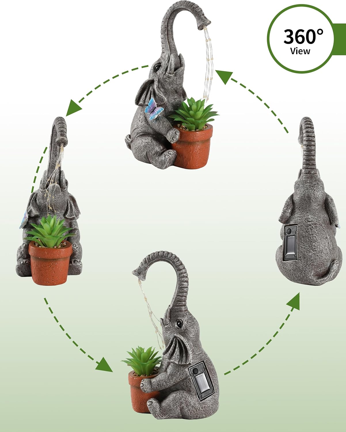 Solar Elephant Garden Statue with Succulent Planter – 11” Hand-Painted Resin Lawn Ornament
