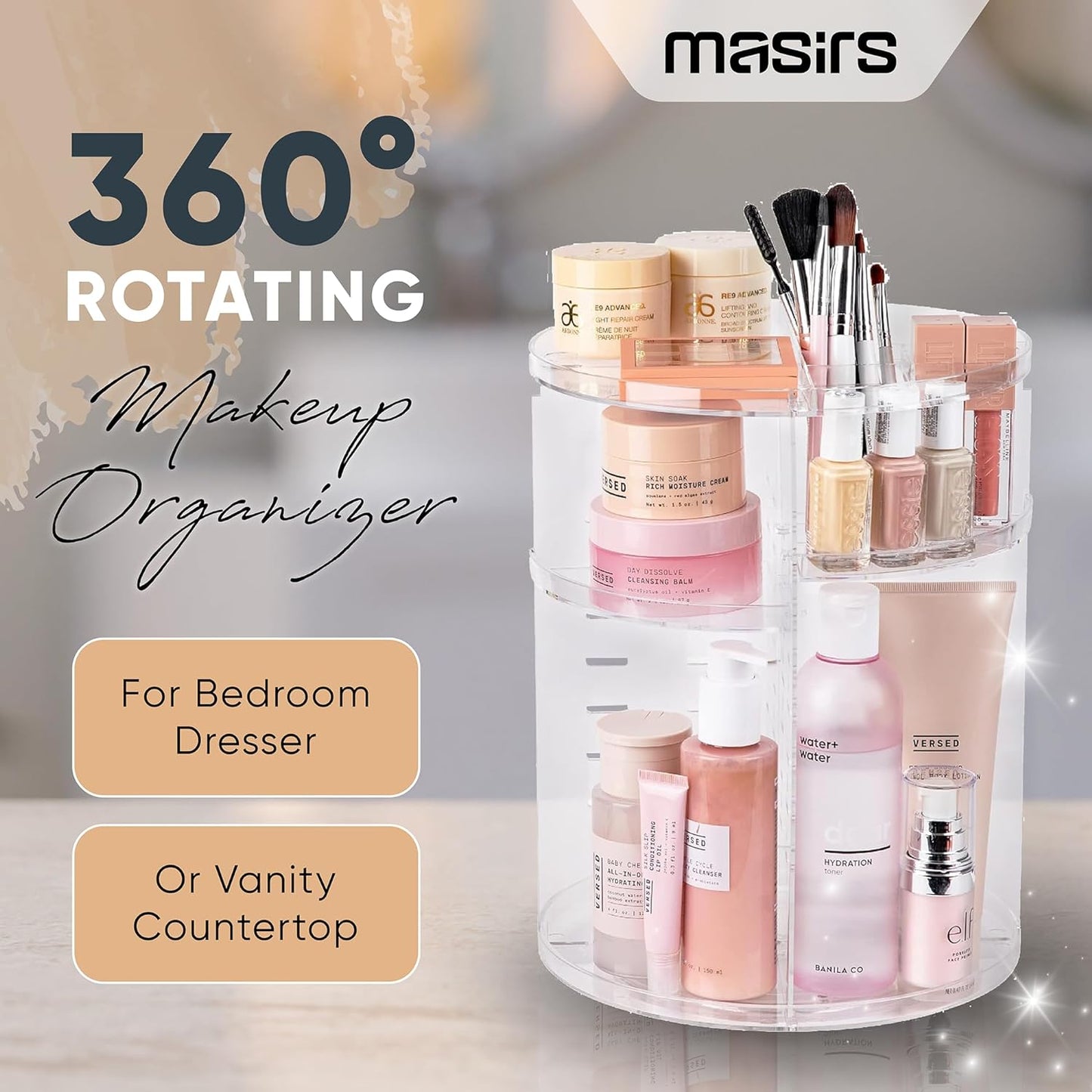 Masirs Rotating Makeup Organizer – Clear 360° Spinning Cosmetic Storage with Adjustable Shelves