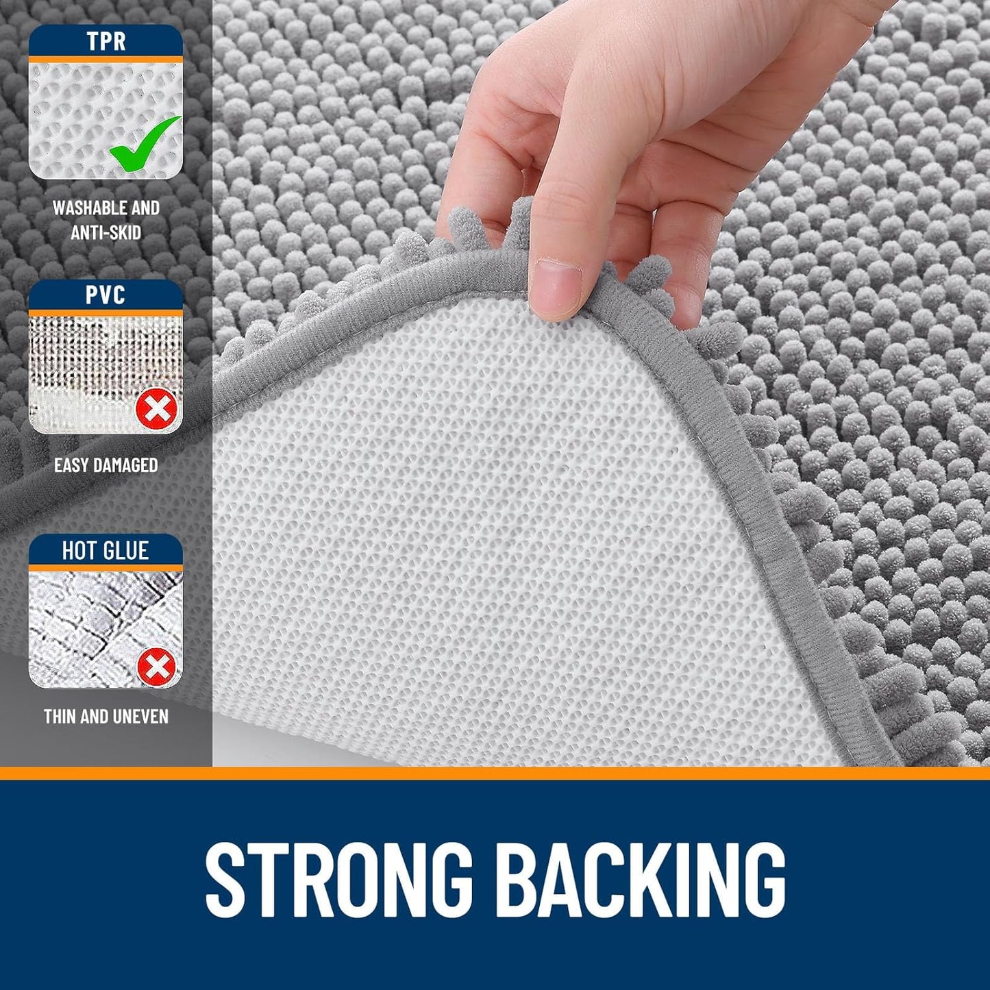 Chenille Bath Rug 30x20 – Extra Soft Quick-Dry Bathroom Mat with Rubber Backing (Grey)