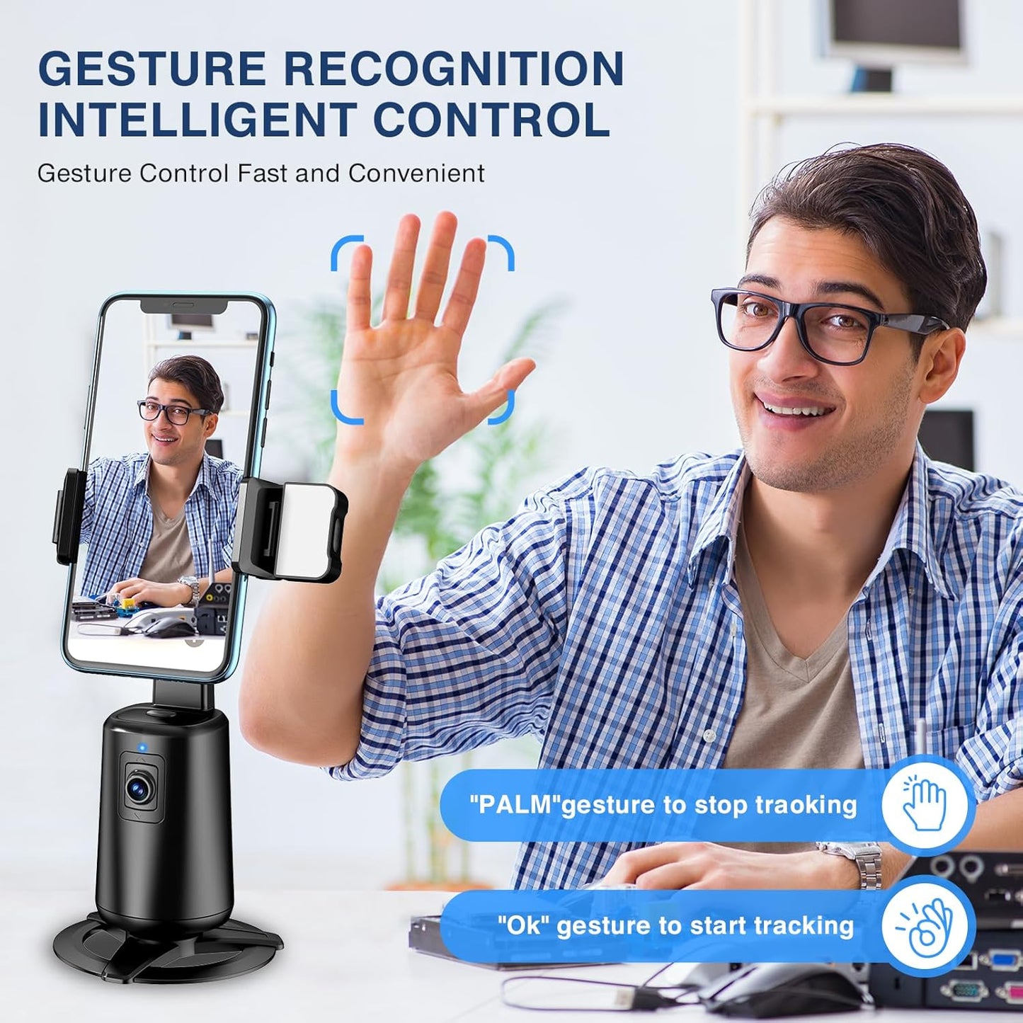 360° Auto Face Tracking Tripod – Smart Phone Stand with Gesture Control & Remote (Black)