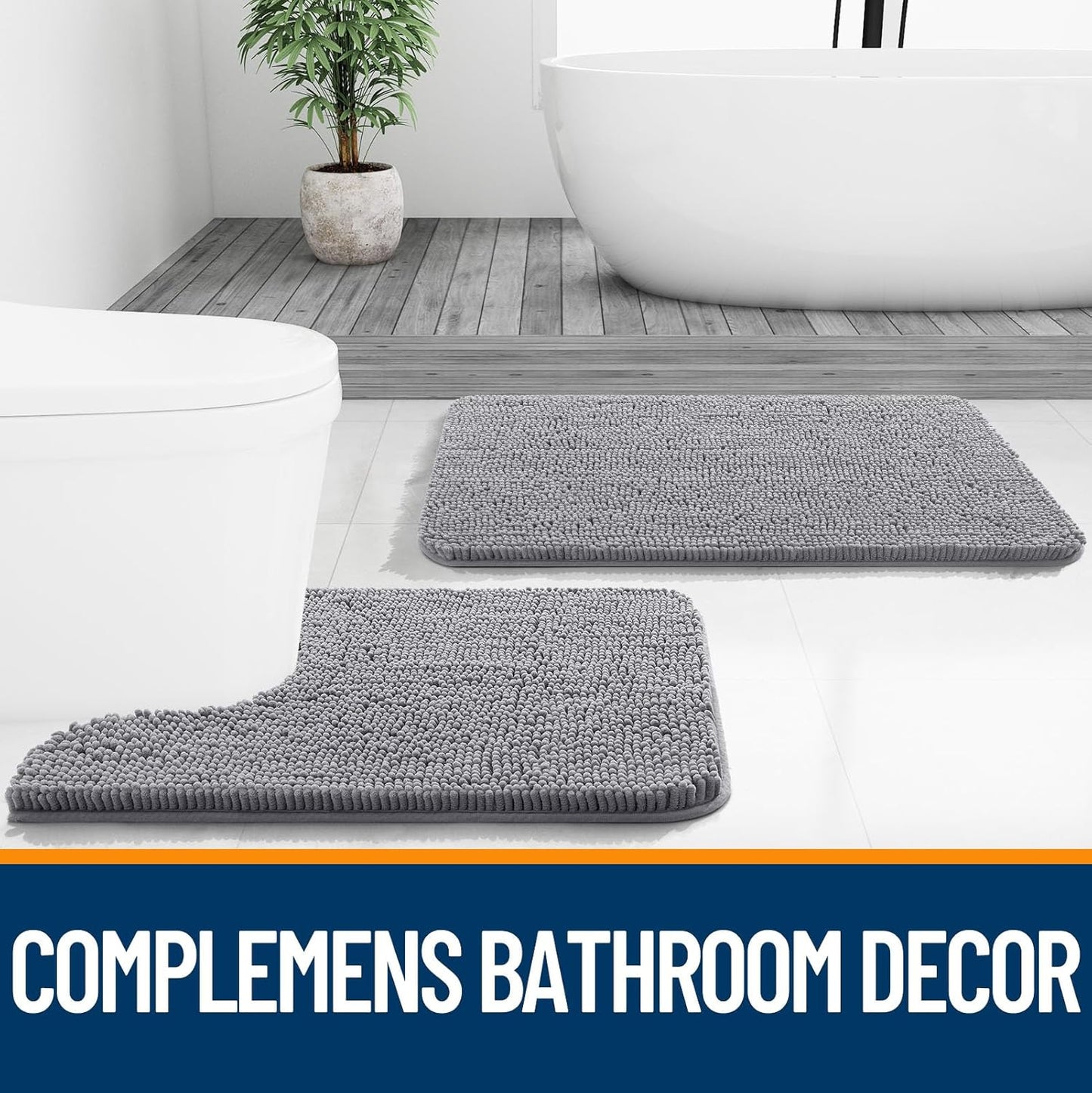 Chenille Bath Rug 30x20 – Extra Soft Quick-Dry Bathroom Mat with Rubber Backing (Grey)