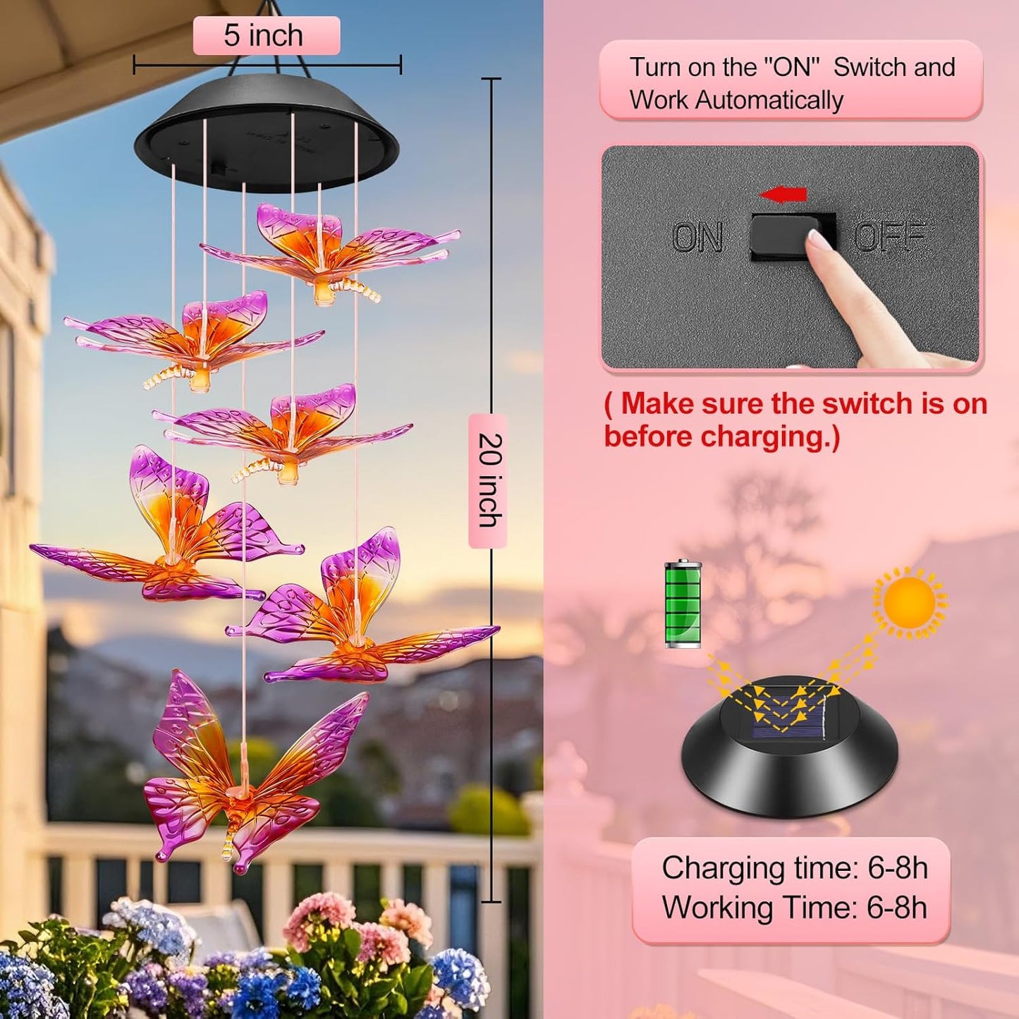 Birthday Gifts for Women Grandma Wife Sister, Solar Lights Outdoor Wind Chimes for outside Garden Yard Patio Porch Decor Hanging Butterfly Decorations, Mothers Day Mom Gift for Her