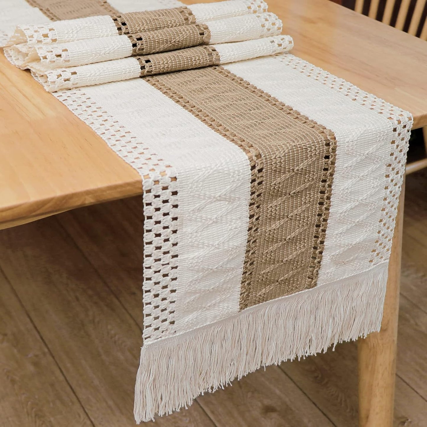 Farmhouse Macrame Table Runner – Rustic Boho Cotton Lace Decor for Dining Tables, 72"x12