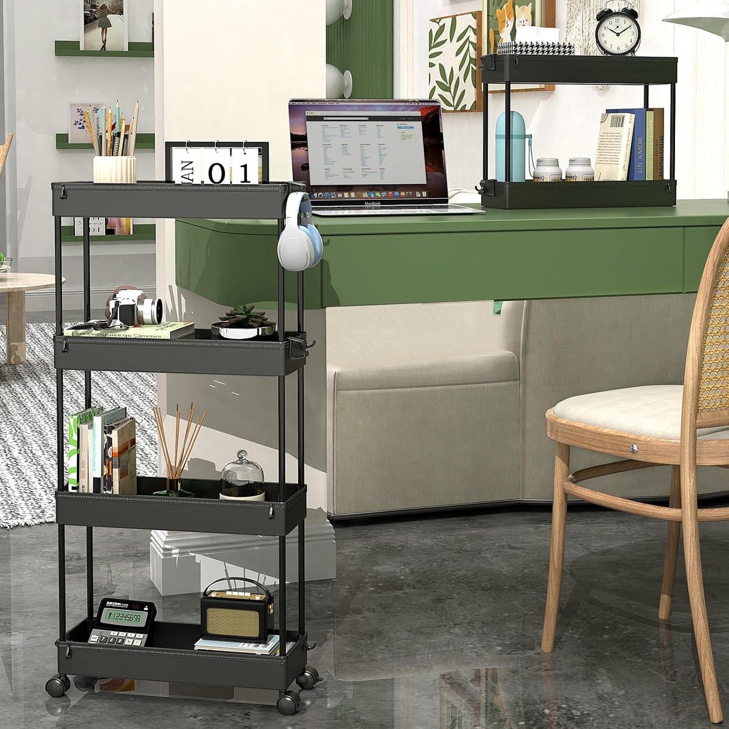 Slim Rolling Storage Cart 4 Tier Organizer Mobile Shelving Unit Utility Cart Tower Rack for Kitchen Bathroom Laundry Narrow Places, Black