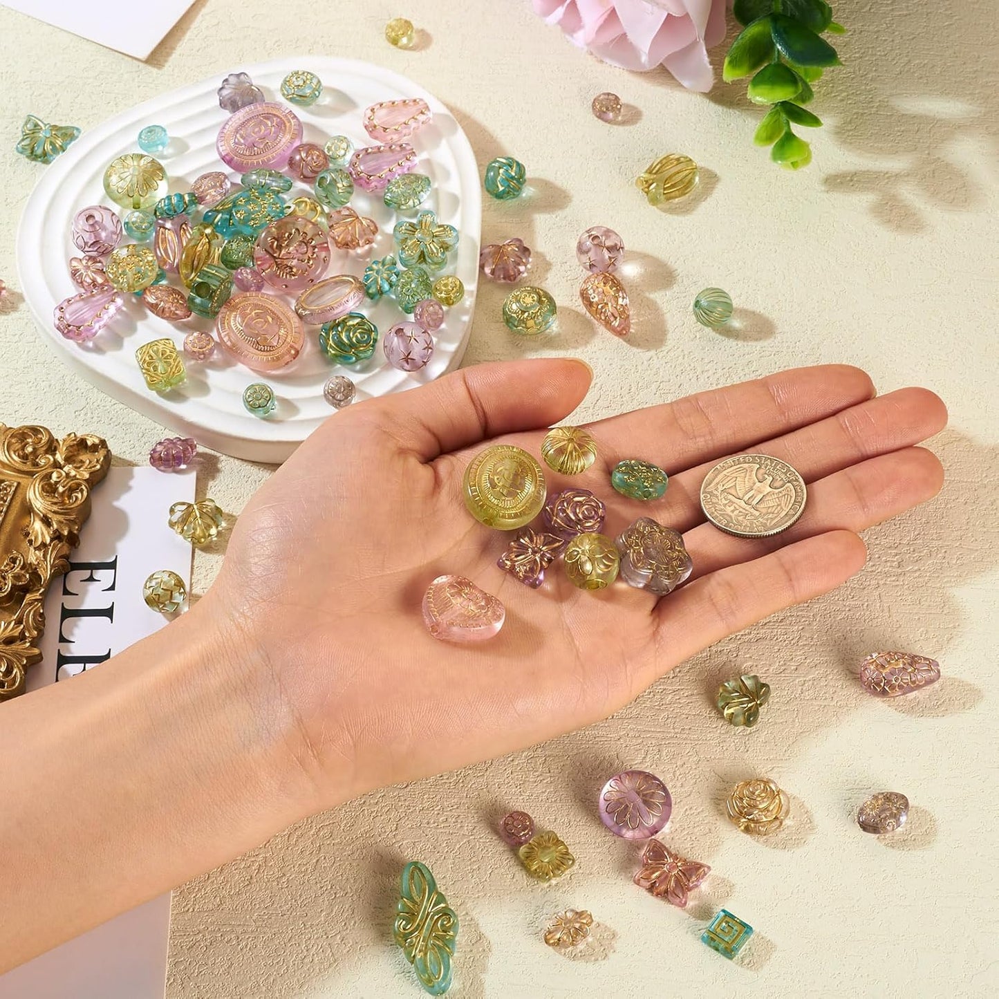 48PCS Bohemian Acrylic Beads – Metal-Enlaced Transparent Charms for DIY Jewelry & Crafts