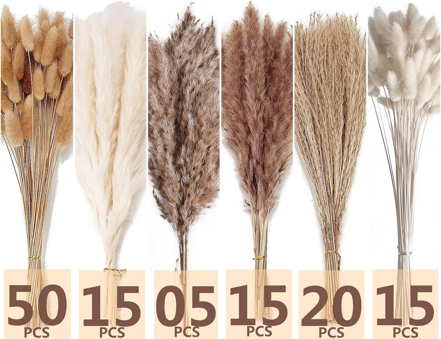 Dried Pampas Grass Bouquet – 120 PCS White & Brown Bunny Tails and Reed Flowers for Boho, Rustic, and Wedding Decor