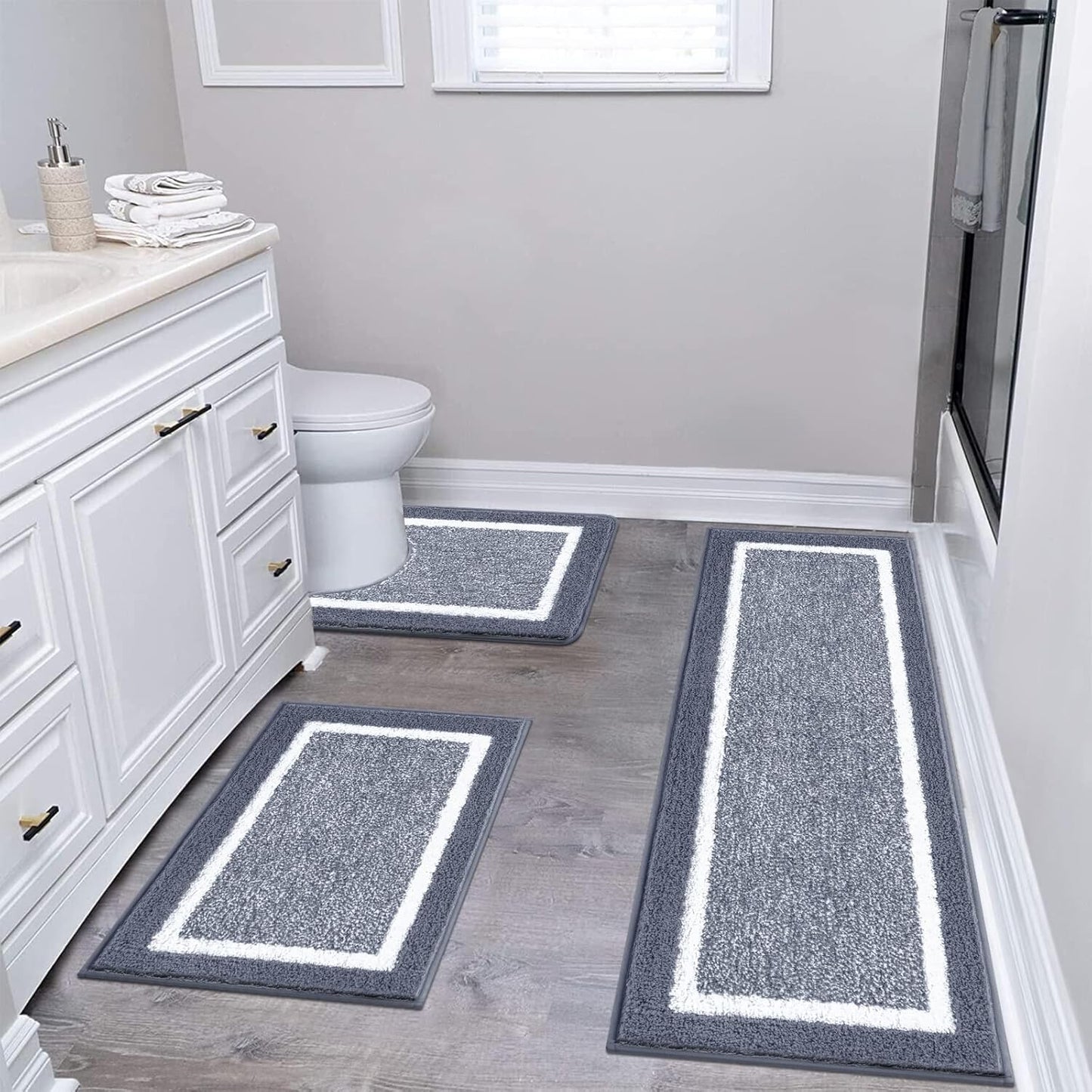 3-Piece Microfiber Bathroom Rug Set – Non-Slip Shaggy Bath Mats (Dark Grey)