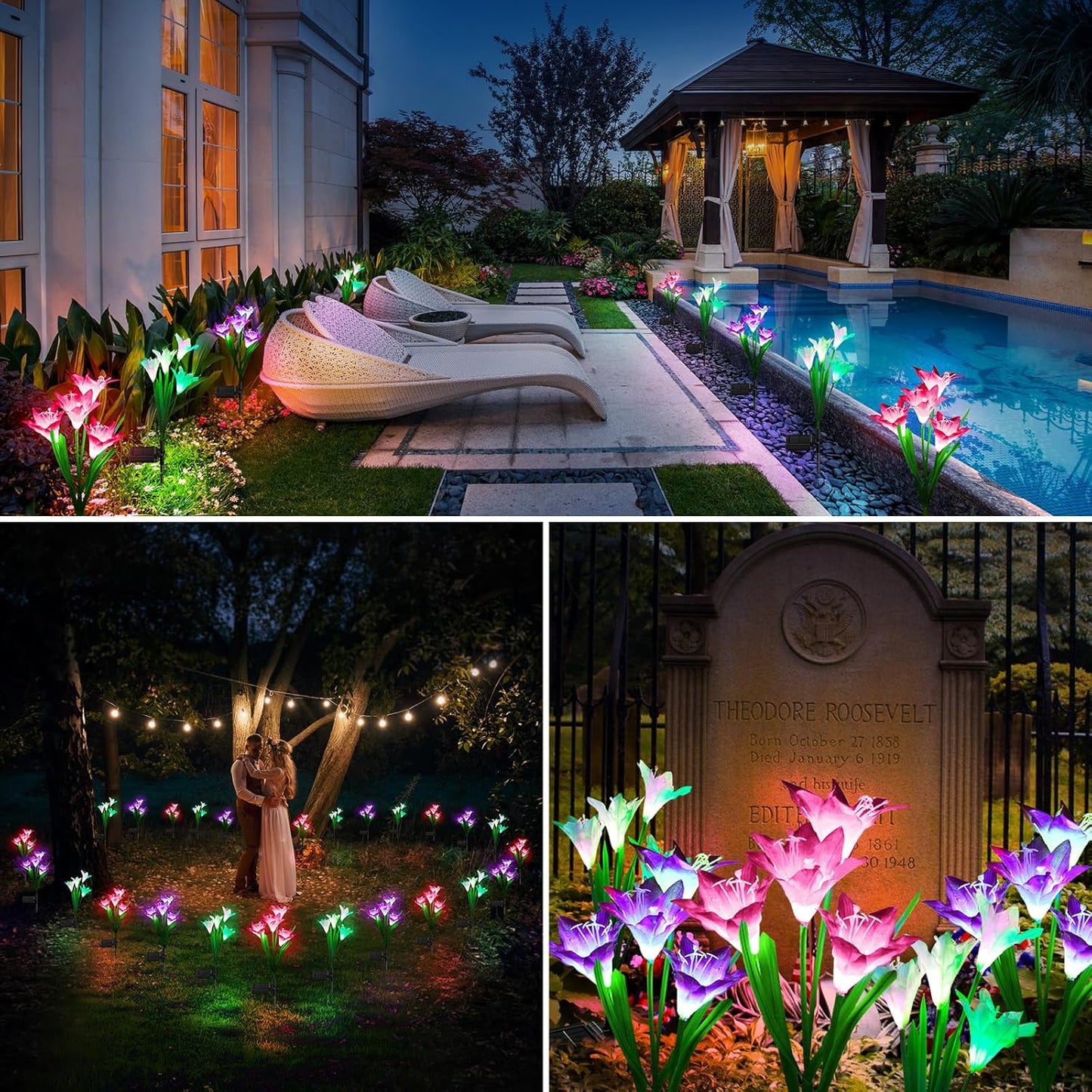 Outdoor Solar Lights, 4 Pack Solar Garden Light with Bigger Lily Flowers, Waterproof 7 Color Changing Solar Lights Outdoor - Bigger Panel for Patio Yard Garden Decoration, Gift for Mom