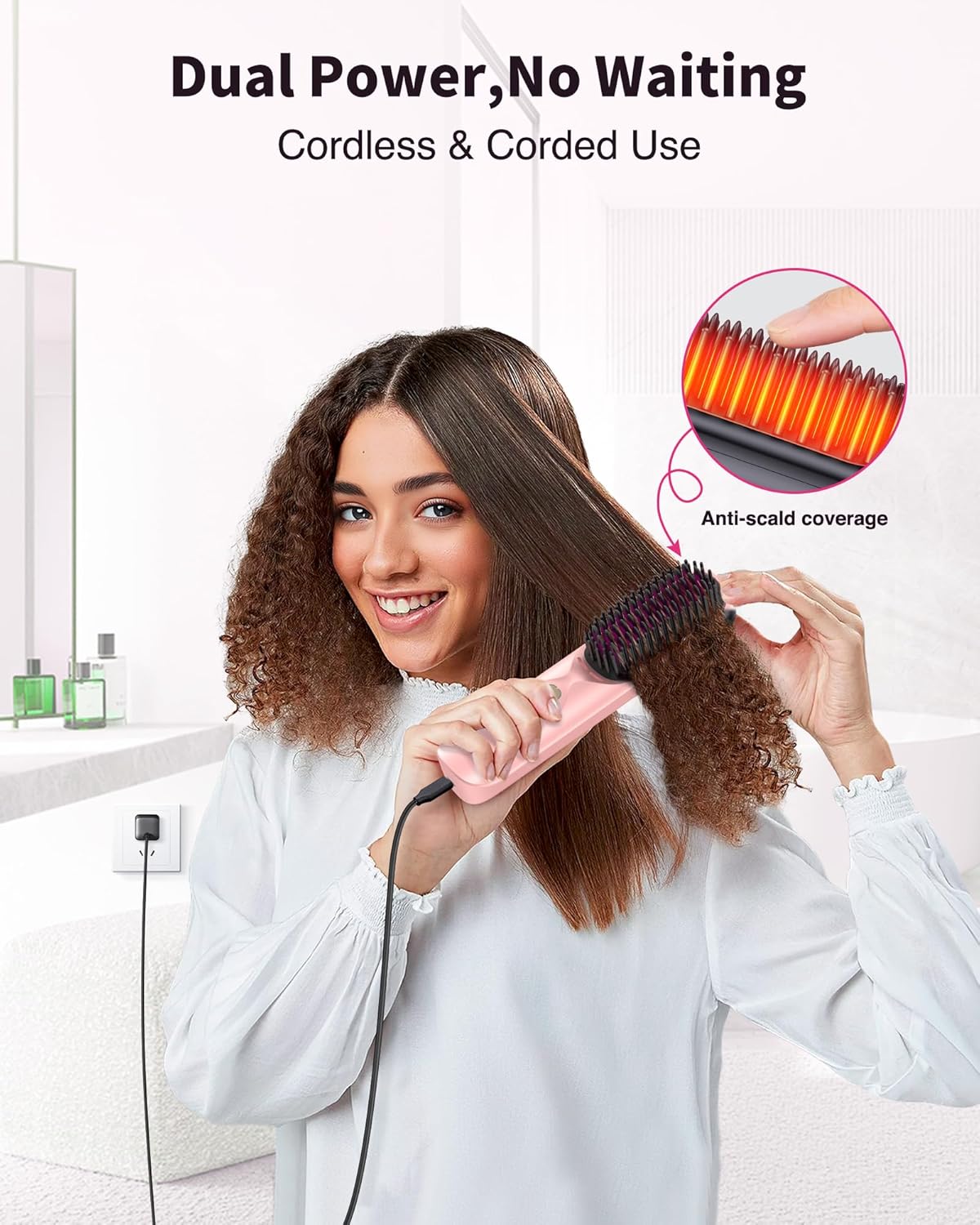 Cordless Ionic Hair Straightener Brush – 10,000mAh Portable Travel Styling Tool