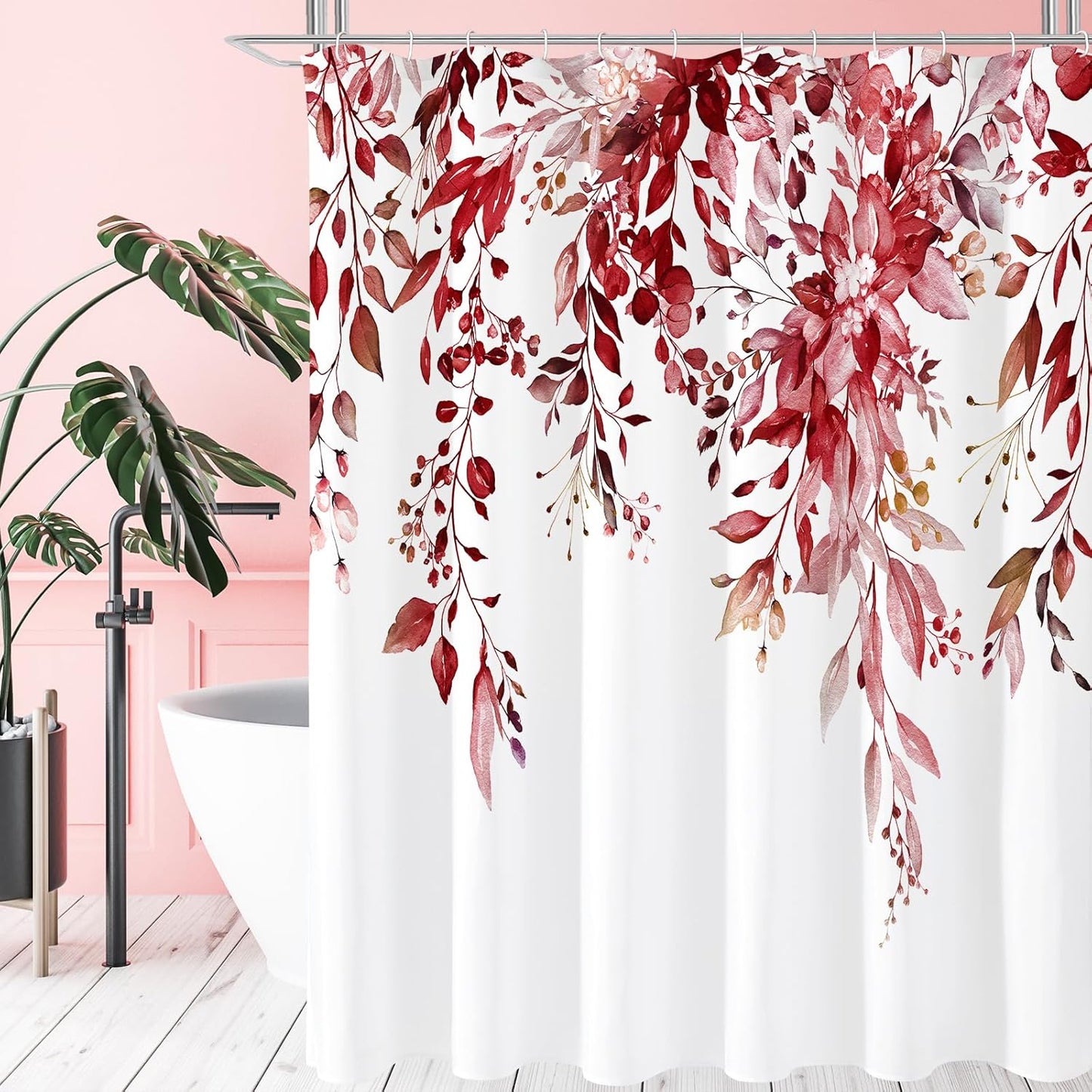Teal Eucalyptus Shower Curtain, Watercolor Plant Leaves with Floral Bathroom Shower Curtain Set with Hooks, 72X72