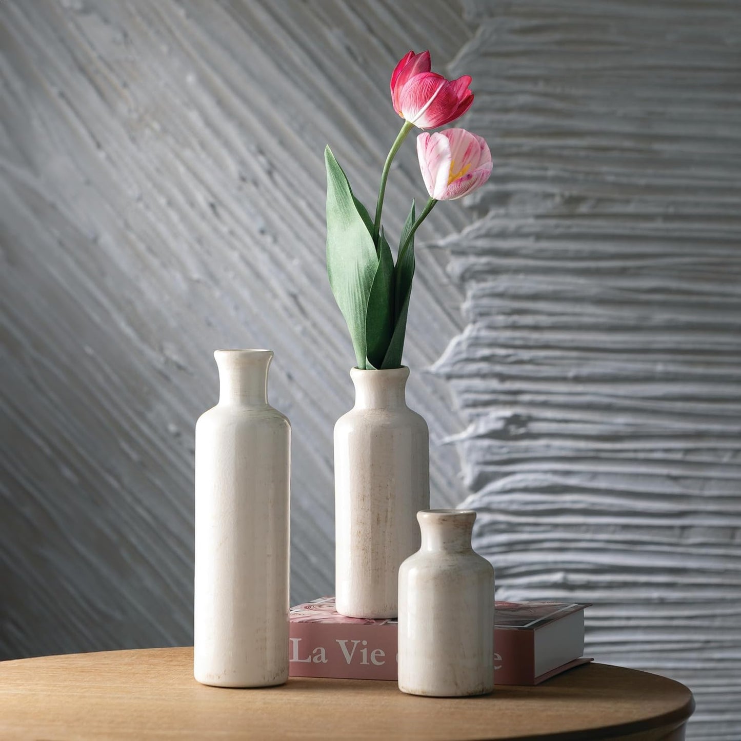 White Ceramic Vase Set – Farmhouse Decorative Vases for Living Room, Kitchen & Shelf Centerpiece (CM2333)