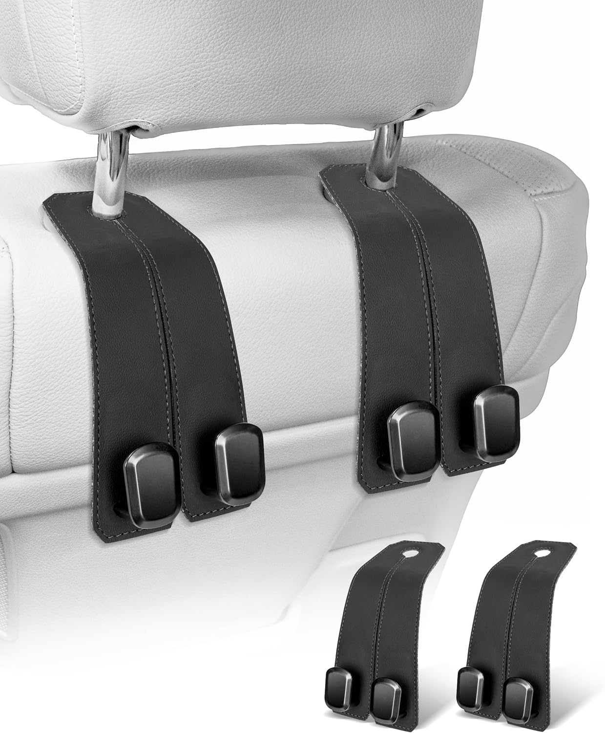 Car Purse Holder Hook, 2PCS Car Hooks for Headrest Luxurious Leather 100% Metal Car Hangers for Seat Multifunctional Car Bag Hook Car Seat Back Storage Hook Accessories (Grey)