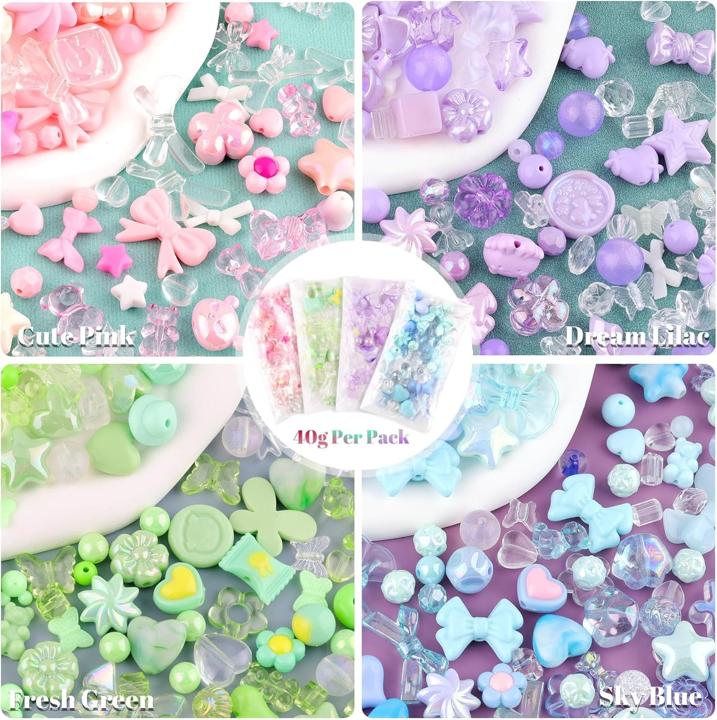 180–240PCS Assorted Acrylic Beads – Flower, Bow, Gummy Bear & Candy Charms for DIY Jewelry