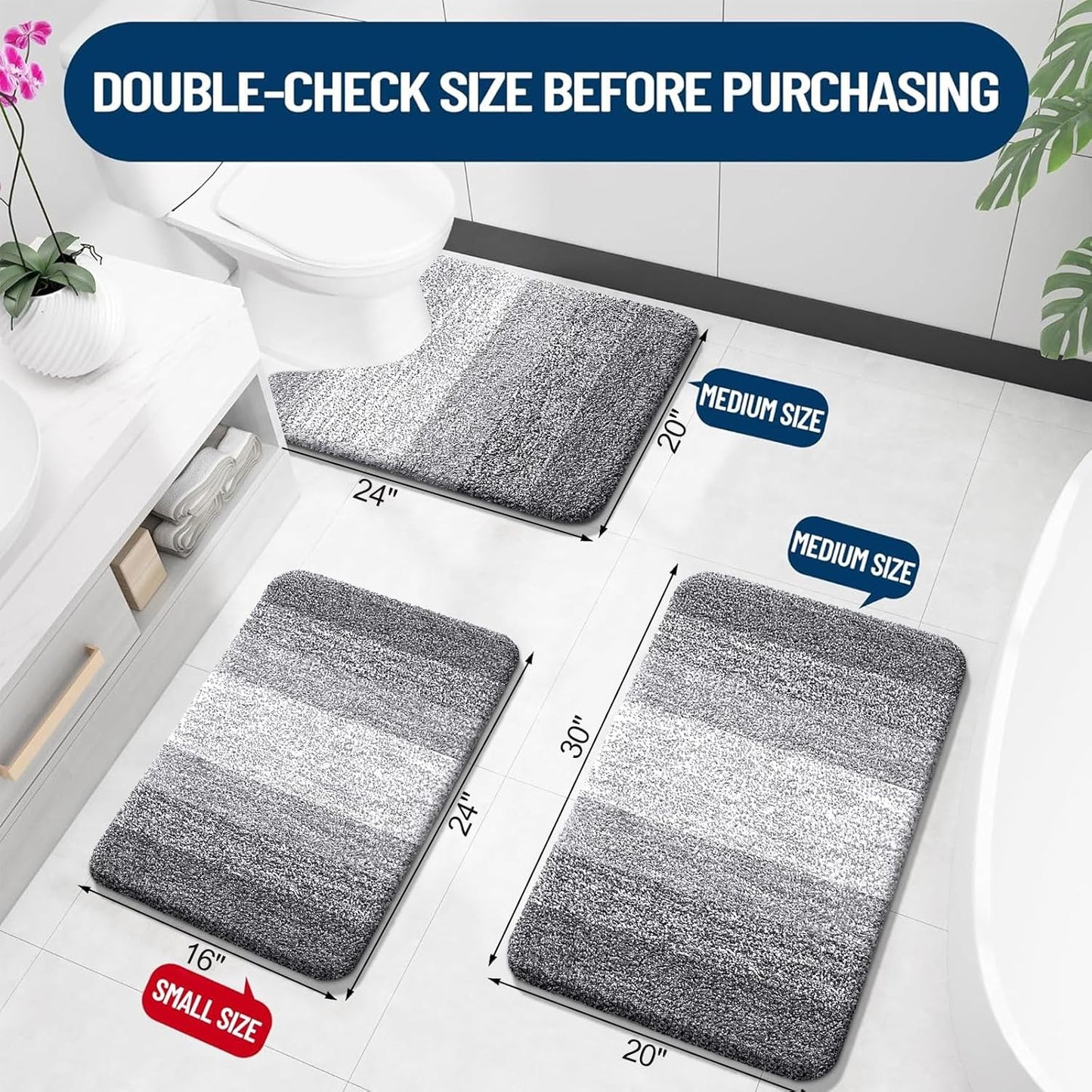 3-Piece Bathroom Rug Set – Soft Shaggy Microfiber Mats with Toilet Contour (Grey)