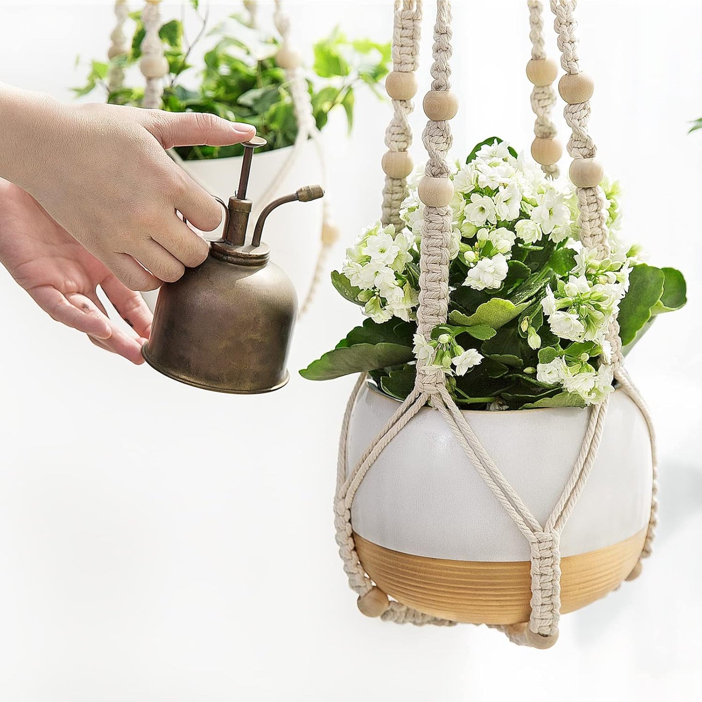 3-Pack Macrame Plant Hangers – Ivory Indoor Hanging Planters with Beads, 3 Sizes (35", 29", 23") – No Tassels