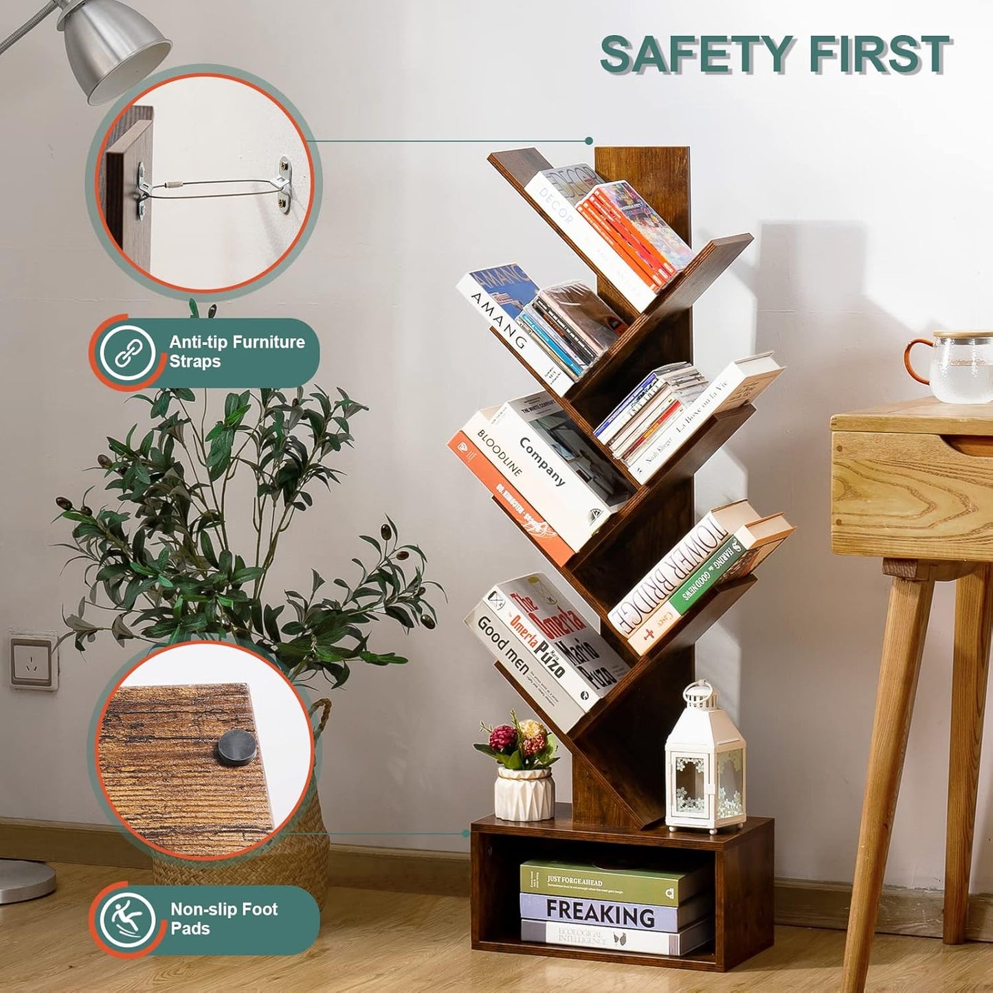 6-Shelf Tree Bookshelf – Tall Rustic Brown Wood Bookcase for Living Room, Bedroom & Office