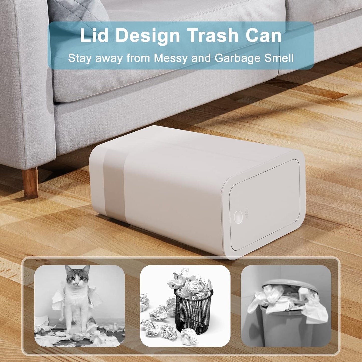 3-Pack Small Trash Cans with Lid – 10L Pop-Up Waste Baskets for Bathroom, Kitchen & Office (Off-White)