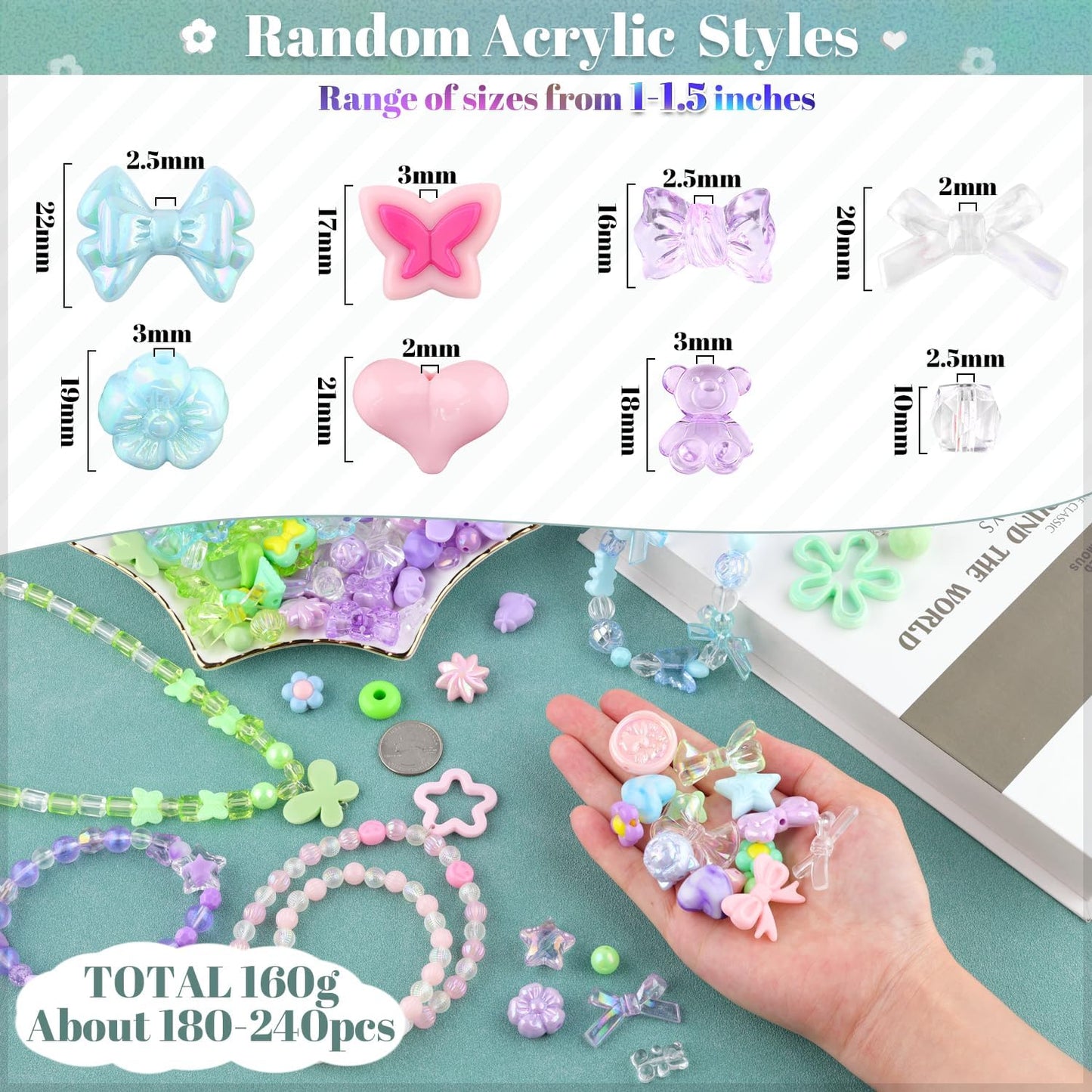 180–240PCS Assorted Acrylic Beads – Flower, Bow, Gummy Bear & Candy Charms for DIY Jewelry