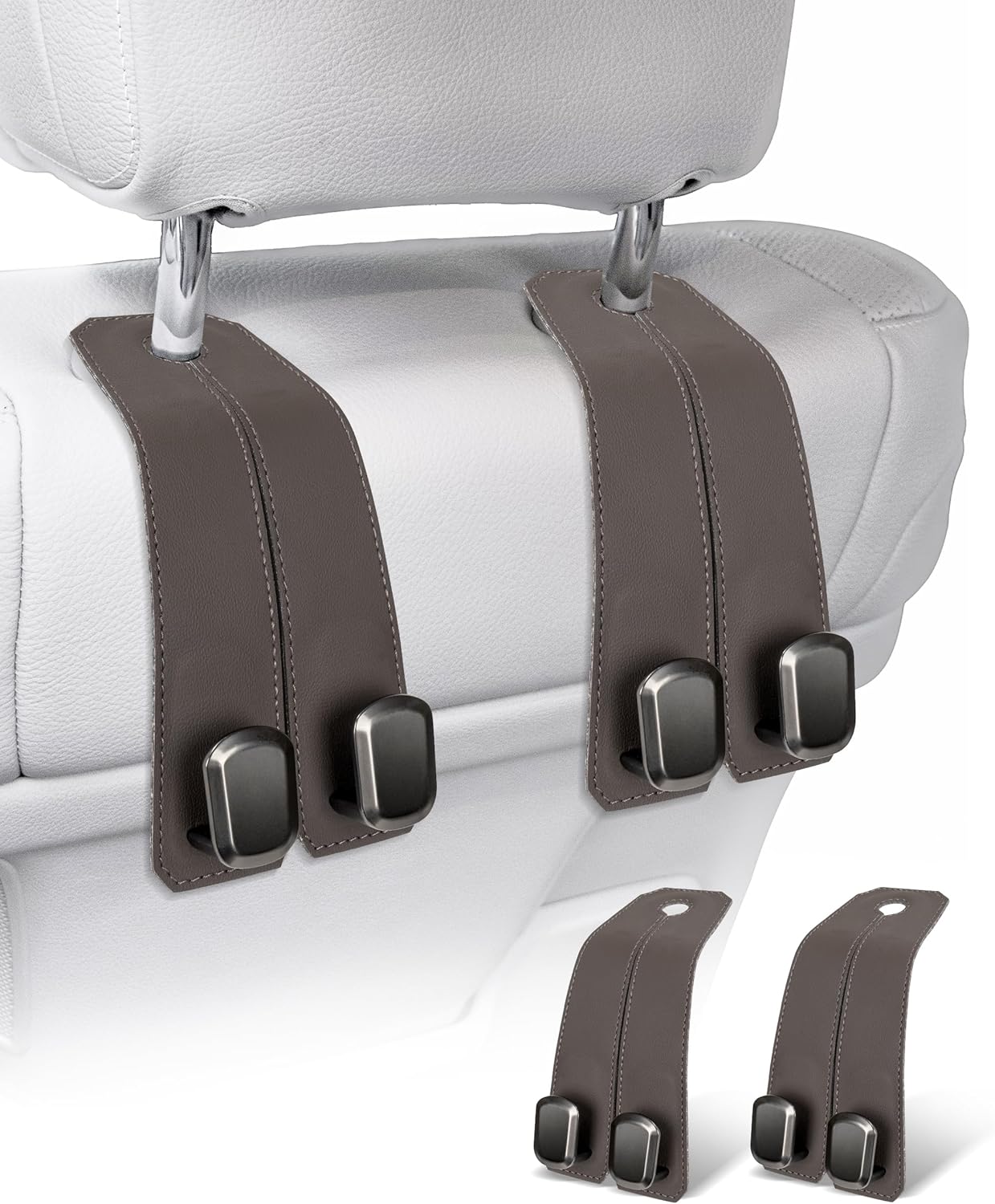 Car Purse Holder Hook, 2PCS Car Hooks for Headrest Luxurious Leather 100% Metal Car Hangers for Seat Multifunctional Car Bag Hook Car Seat Back Storage Hook Accessories (Grey)