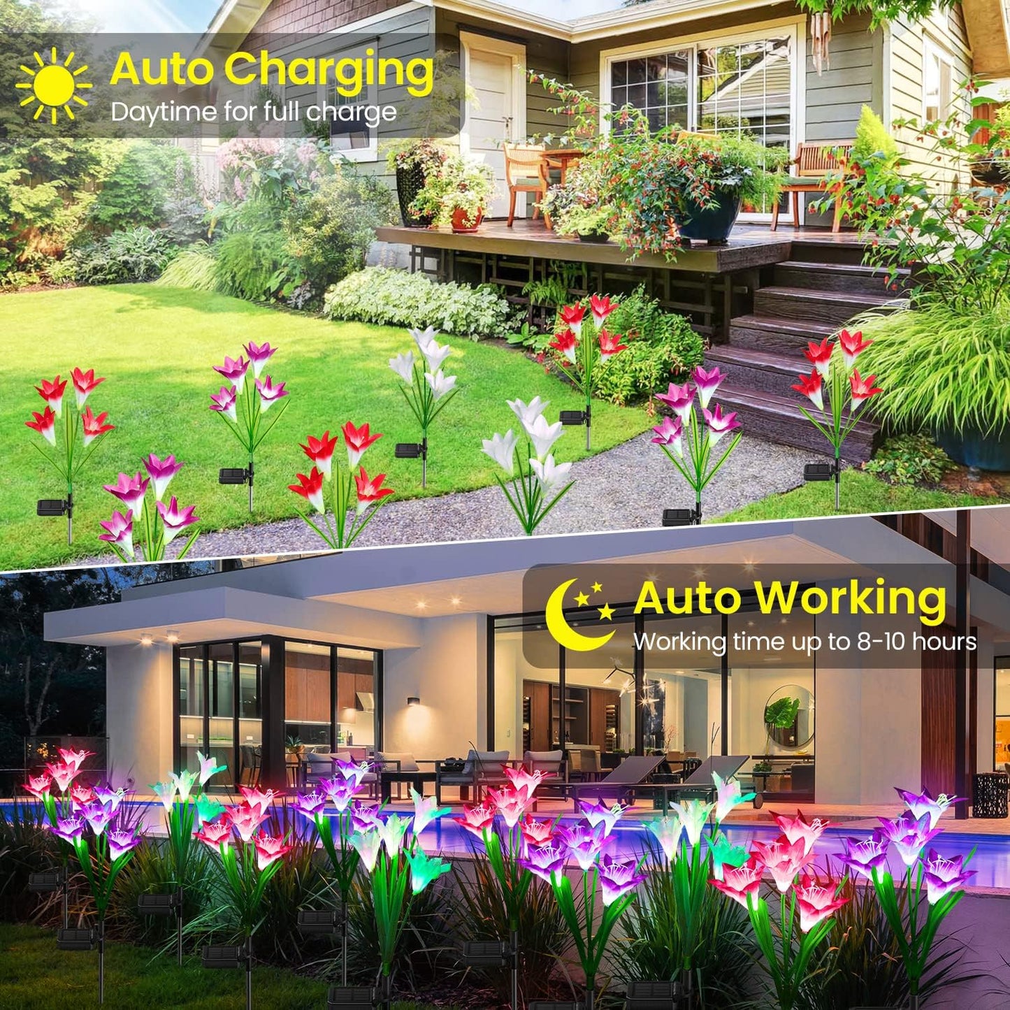 Outdoor Solar Lights, 4 Pack Solar Garden Light with Bigger Lily Flowers, Waterproof 7 Color Changing Solar Lights Outdoor - Bigger Panel for Patio Yard Garden Decoration, Gift for Mom