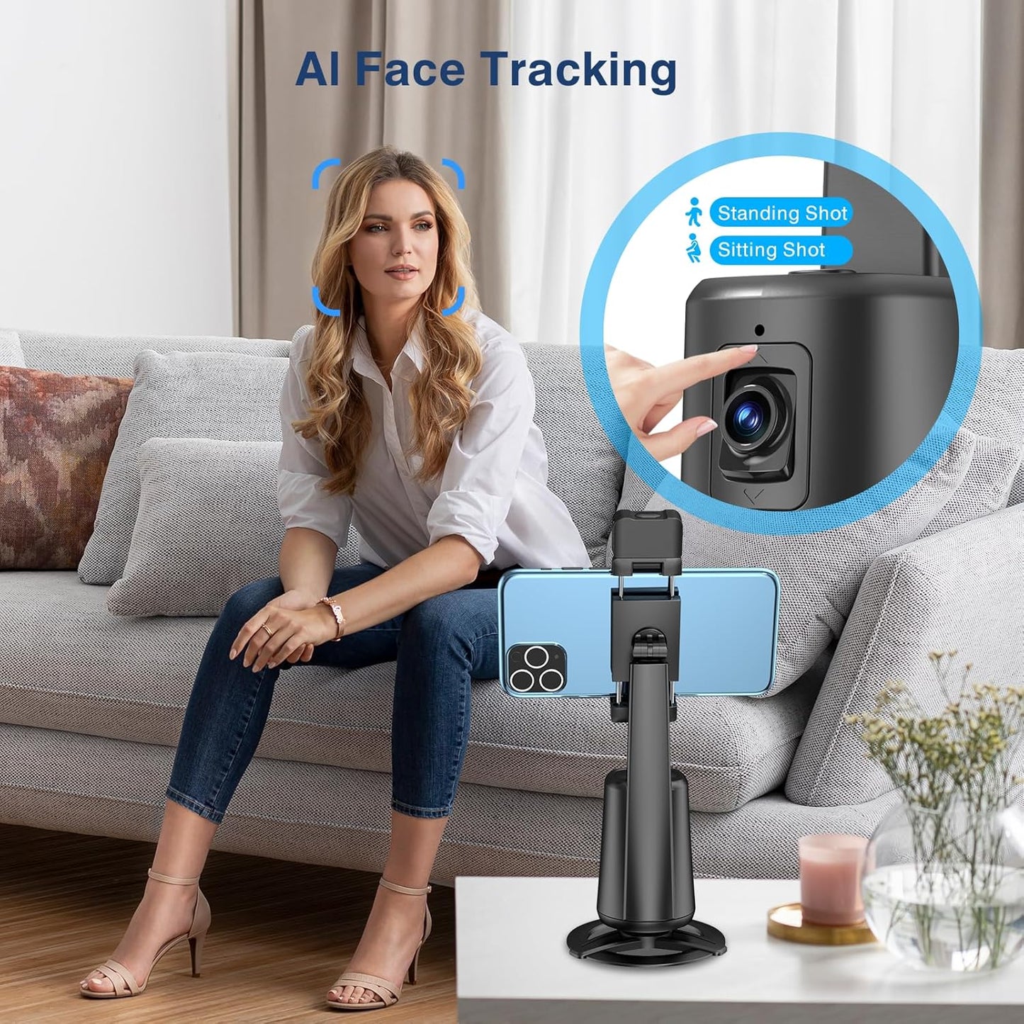 360° Auto Face Tracking Tripod – Smart Phone Stand with Gesture Control & Remote (Black)