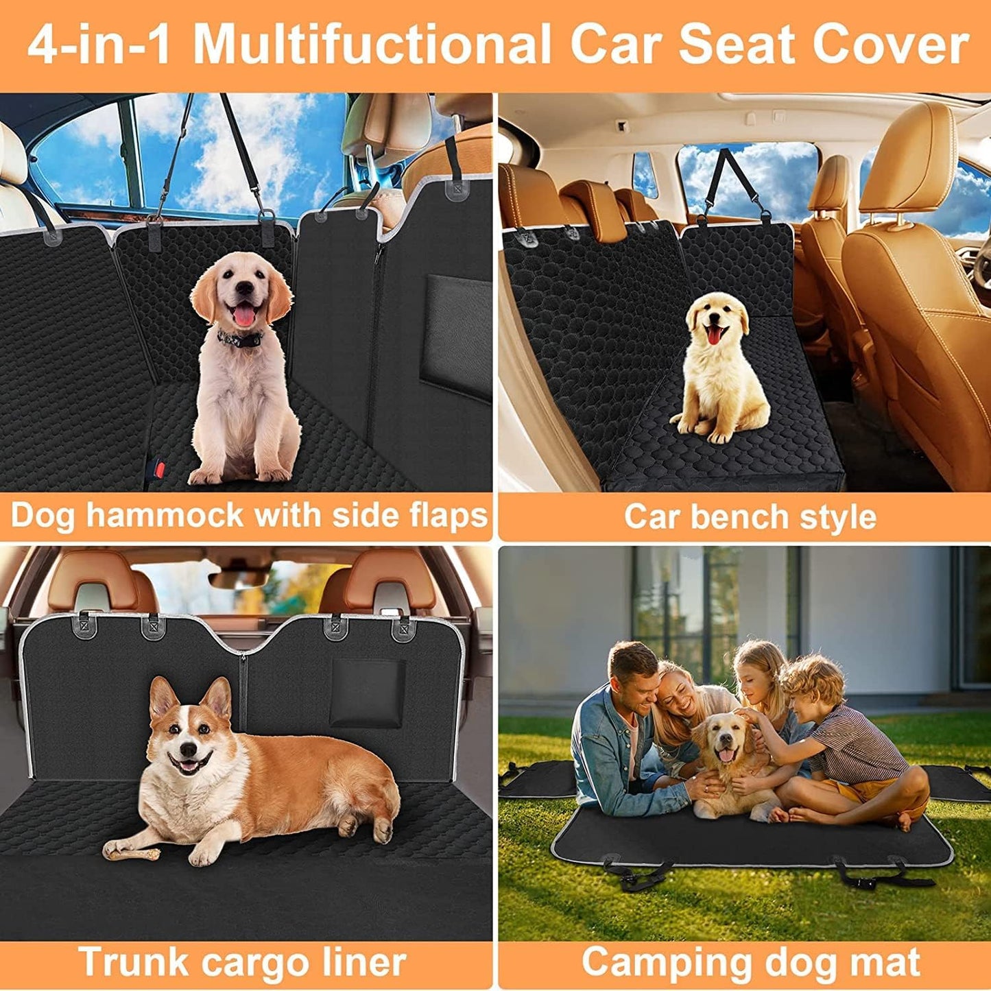 Waterproof Dog Car Seat Cover – 2025 Heavy Duty Hammock Protector for Back Seat (Black, Standard Size)
