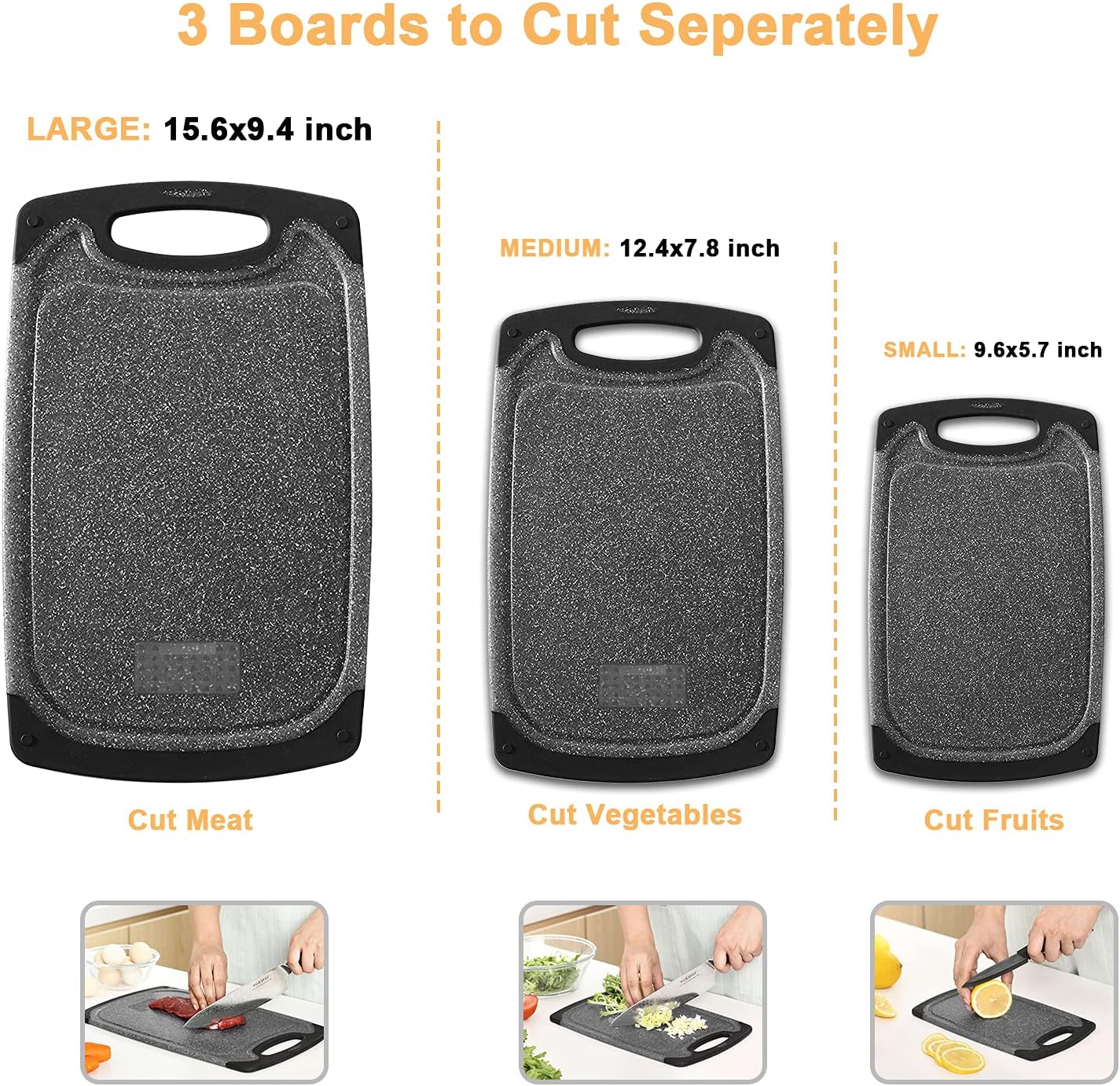 3-Piece Cutting Board Set – Non-Slip, Dishwasher Safe with Juice Groove & Grip Handle (Large, Medium, Small)