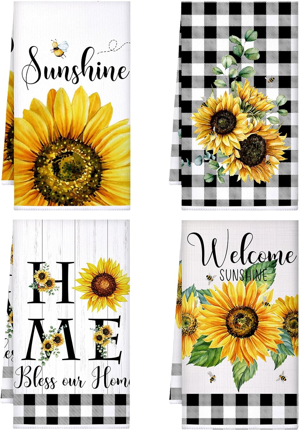 4-Pack Sunflower Kitchen Towels – Fast-Drying Floral Lemon Dish Towels (Yellow, Summer Decor)