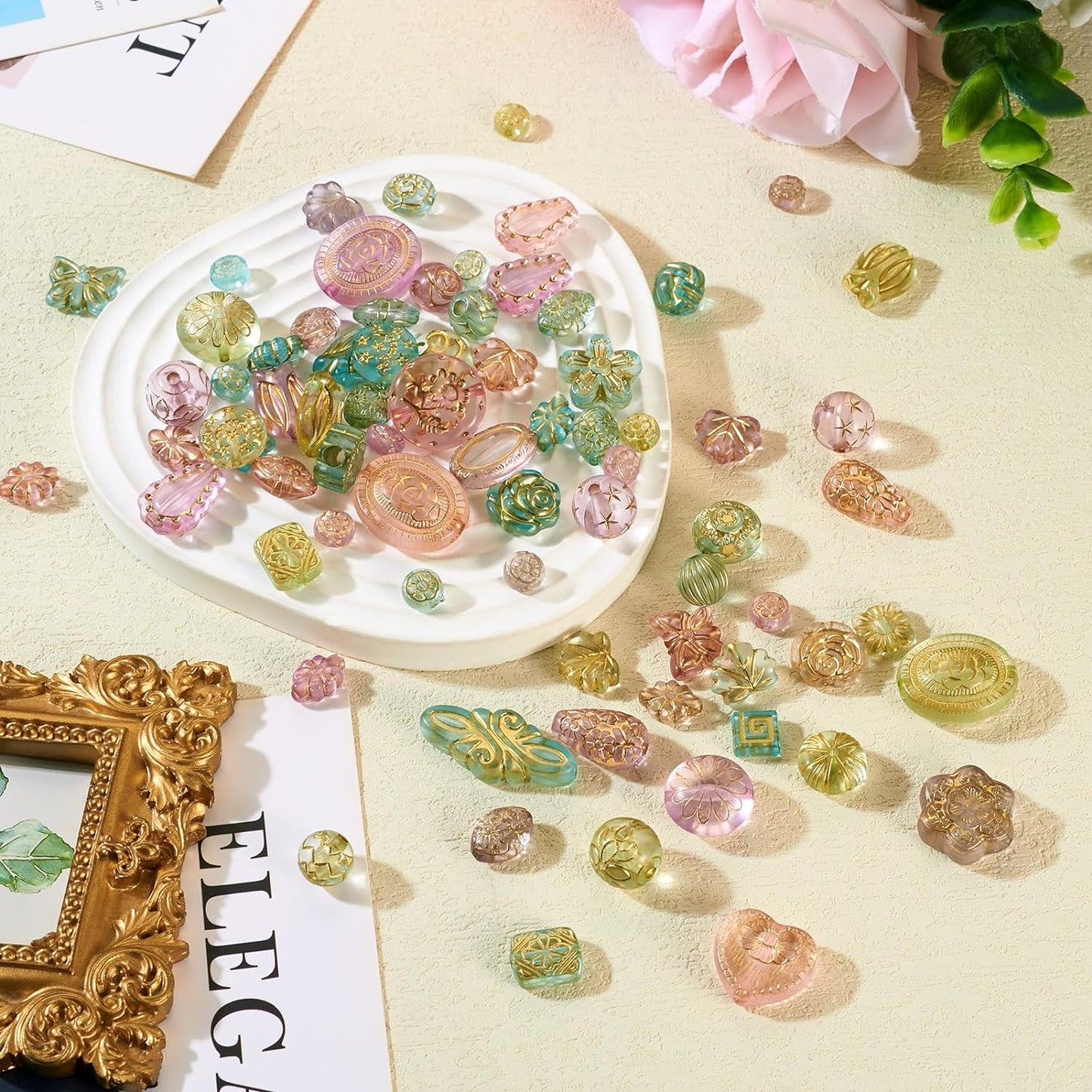 48PCS Bohemian Acrylic Beads – Metal-Enlaced Transparent Charms for DIY Jewelry & Crafts