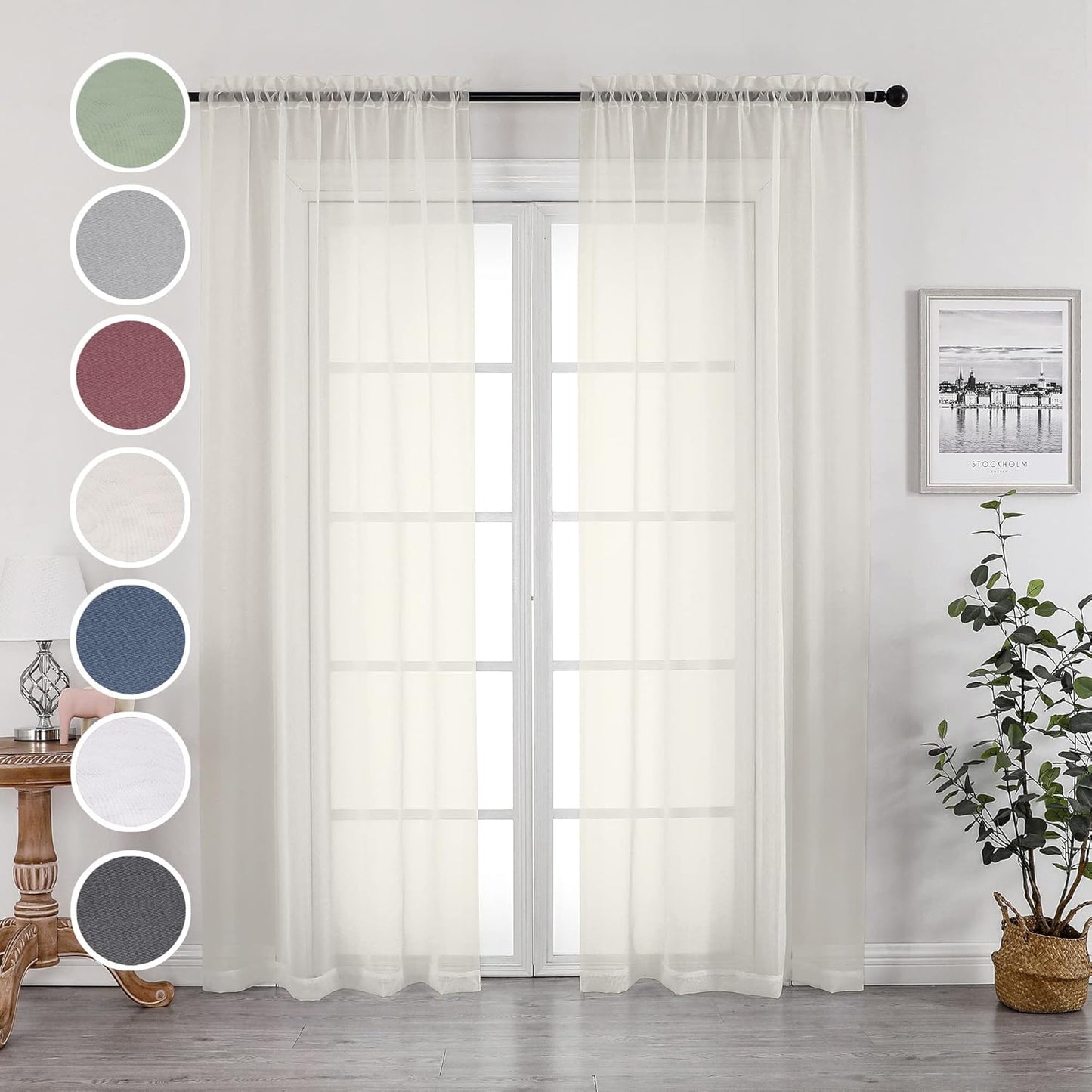 Ivory Sheer Curtains – 84" Length, 2-Panel Set with Rod Pocket for Bedroom & Living Room