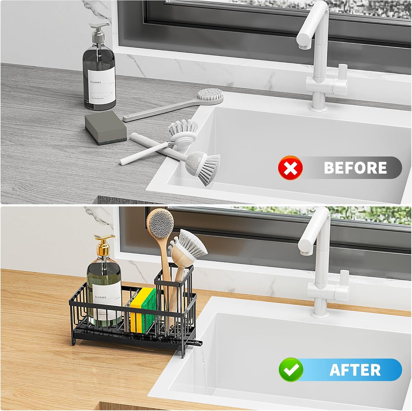 Black Sink Caddy Organizer – Rustproof Sponge Holder with Brush Slot & Soap Dispenser Space, 304 Stainless Steel