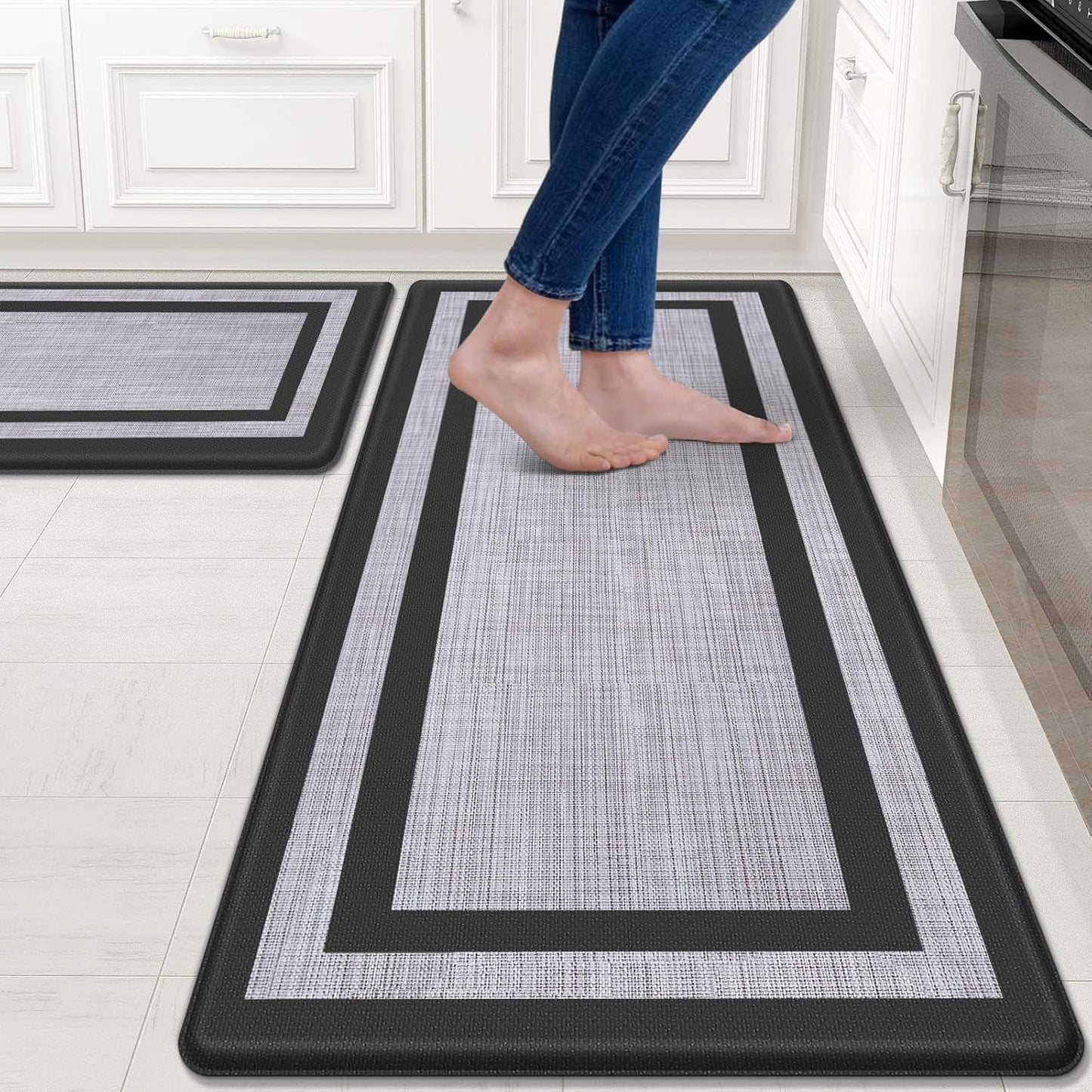 2-Piece Anti-Fatigue Cushioned Kitchen Mat Set – Waterproof, Non-Slip Ergonomic Floor Rugs (Black & Gray)