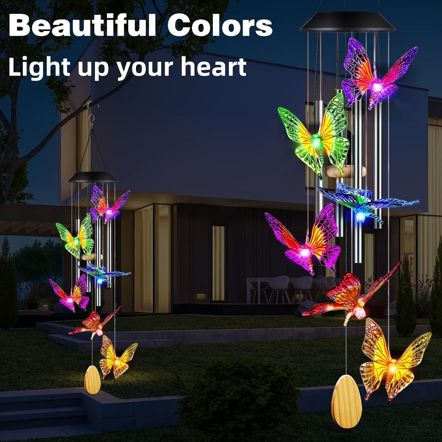 Butterfly Solar Wind Chimes with Aluminum Tubes – Outdoor Color-Changing LED Lights for Garden, Patio, Porch – Thanksgiving Gift