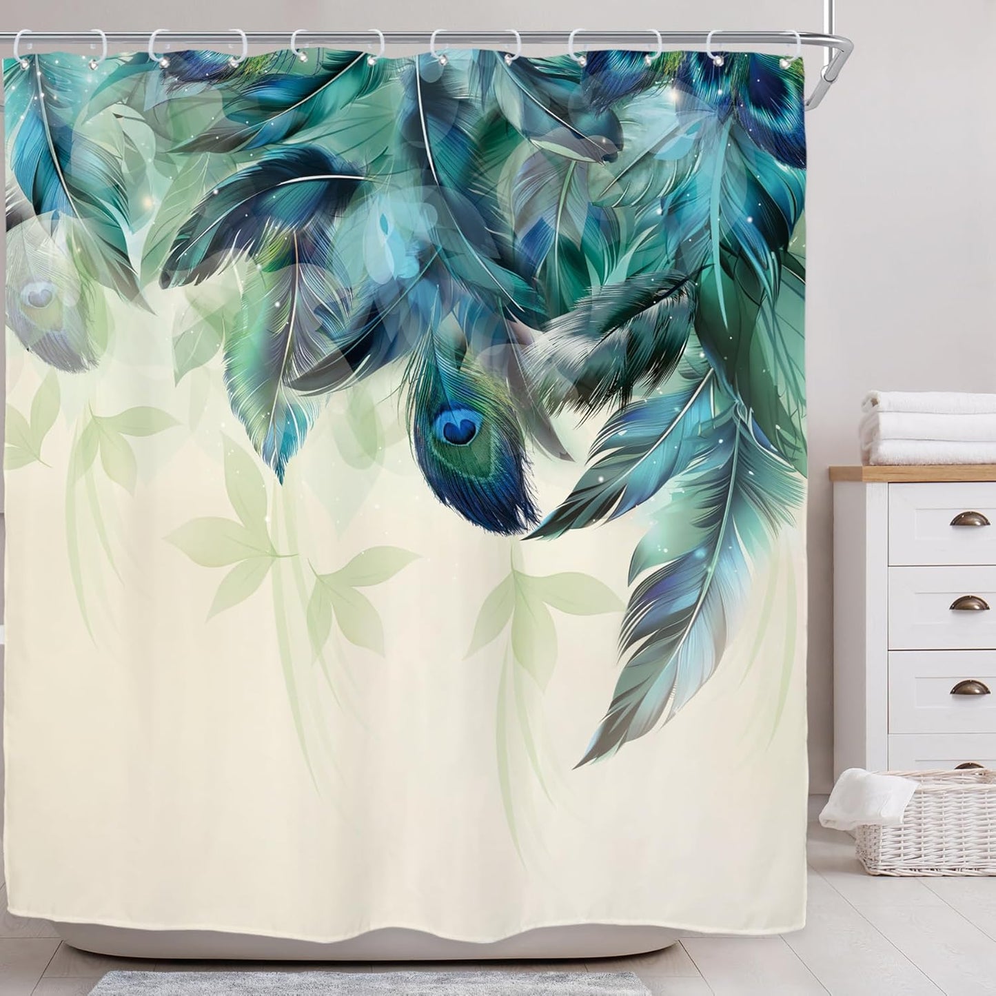 Teal Peacock Feather Shower Curtain – 72x72” Watercolor Turquoise Floral Bathroom Decor with Hooks