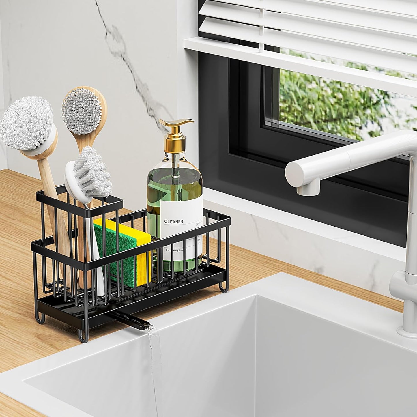 Black Sink Caddy Organizer – Rustproof Sponge Holder with Brush Slot & Soap Dispenser Space, 304 Stainless Steel