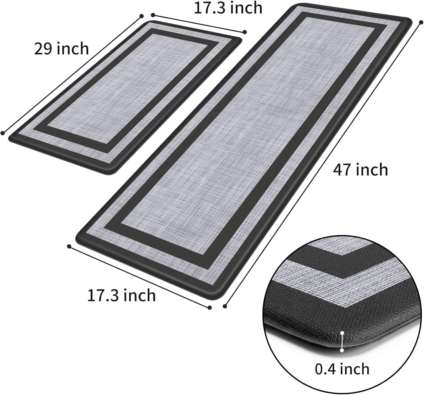 2-Piece Anti-Fatigue Cushioned Kitchen Mat Set – Waterproof, Non-Slip Ergonomic Floor Rugs (Black & Gray)