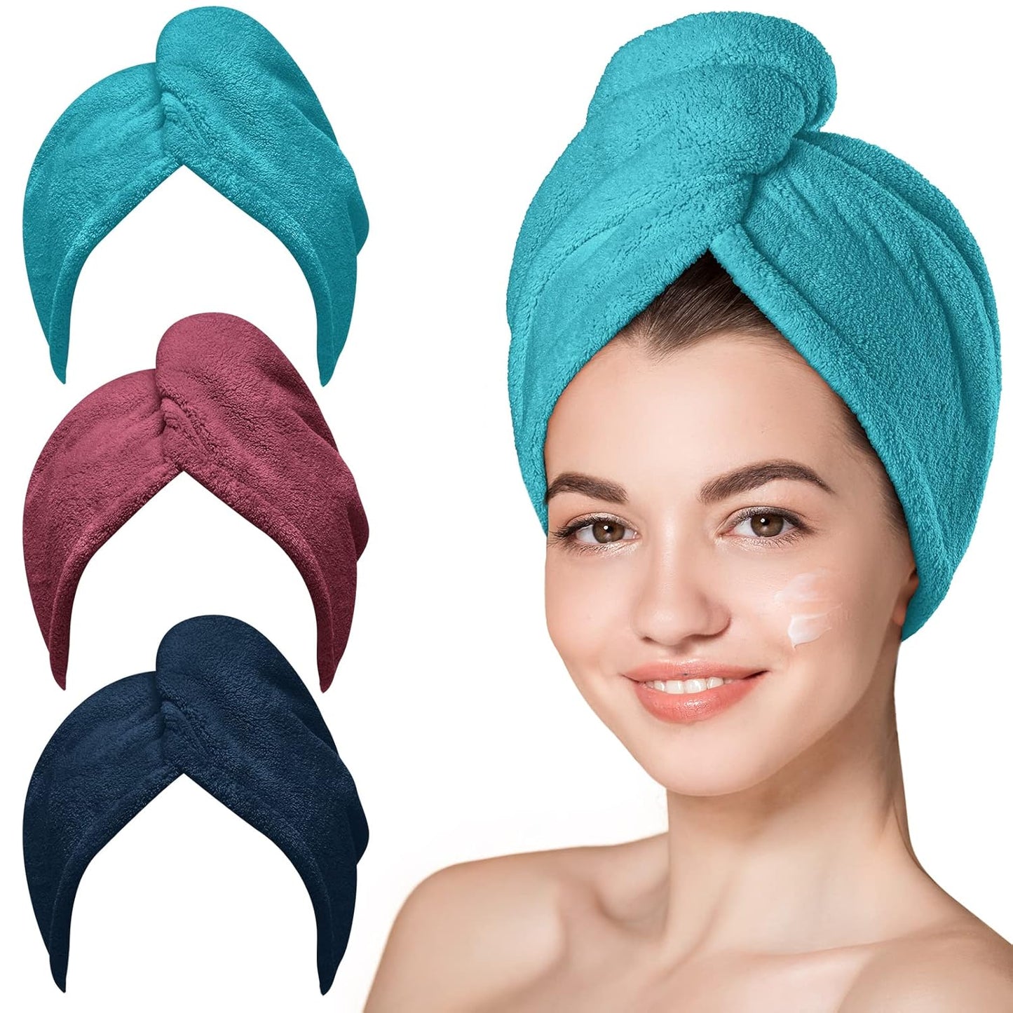 Microfiber Hair Towel Wrap – 3-Pack Quick-Dry Anti-Frizz Turbans for Women (Blue, Grey, Pink)