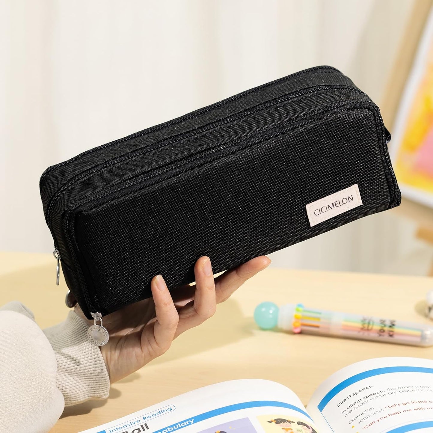 Large Capacity Pencil Case – 3-Zip Compartment Organizer Pouch (Black)