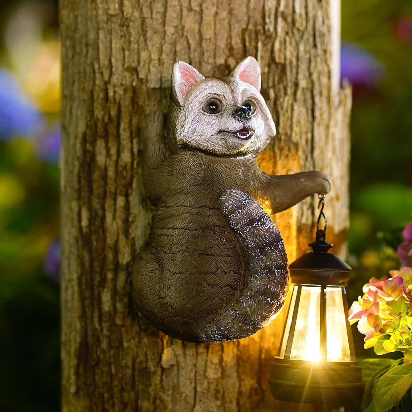 Raccoon Tree Hanger with Solar Lantern – 7.4” Outdoor Garden Decor Statue for Yard, Patio, or Fence | Charming Animal Gift for Women & Moms