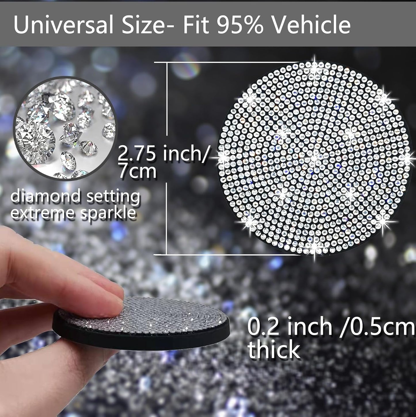 2Pcs Bling Car Cup Holder Coasters – White Crystal Rhinestone Anti-Slip Car Interior Accessories for Women (2.75 Inch)