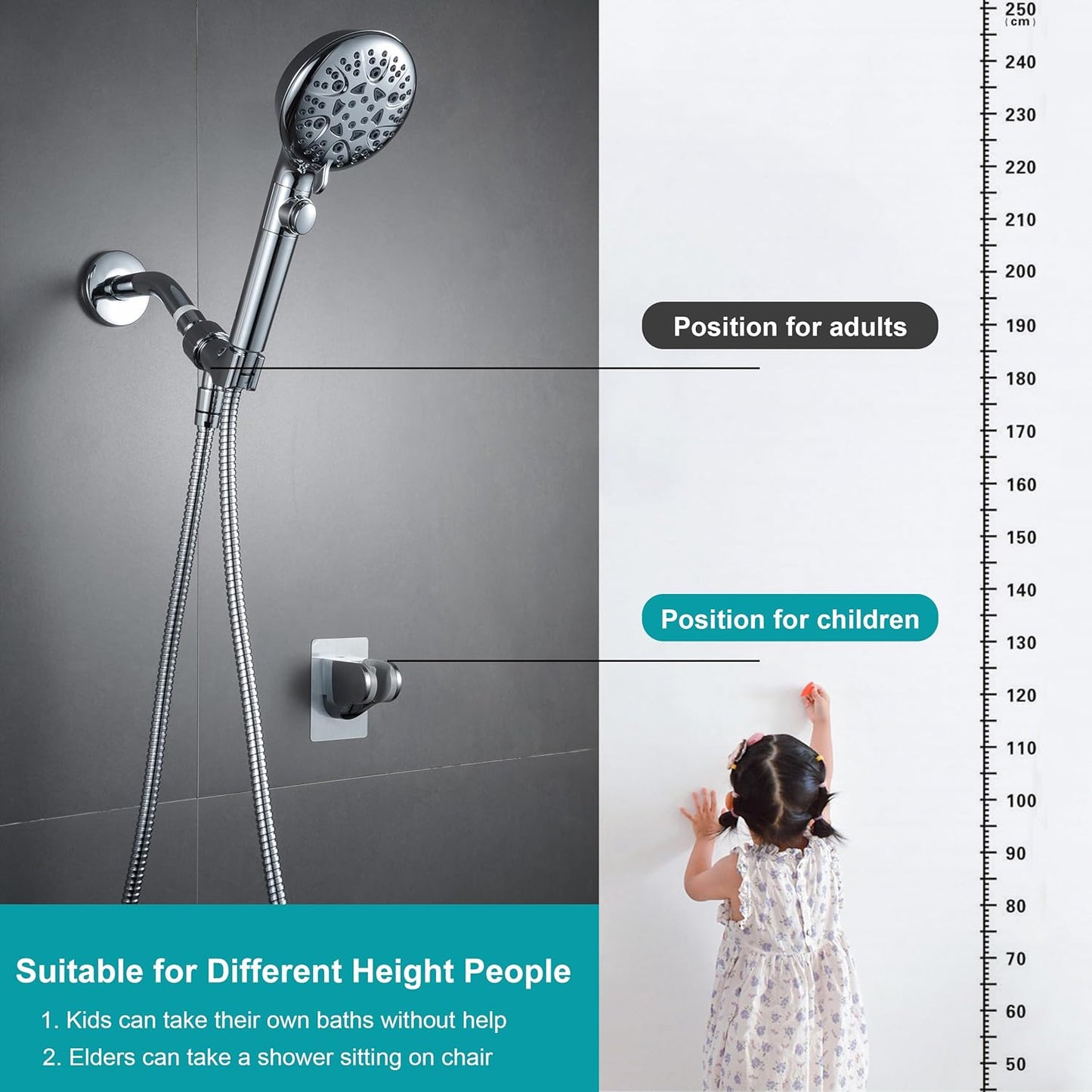 Adjustable Shower Head Holder – Strong Adhesive Wall Mount Bracket, No Drilling, Handheld Showerhead Holder for RV, Kids, Bathroom (Silver)