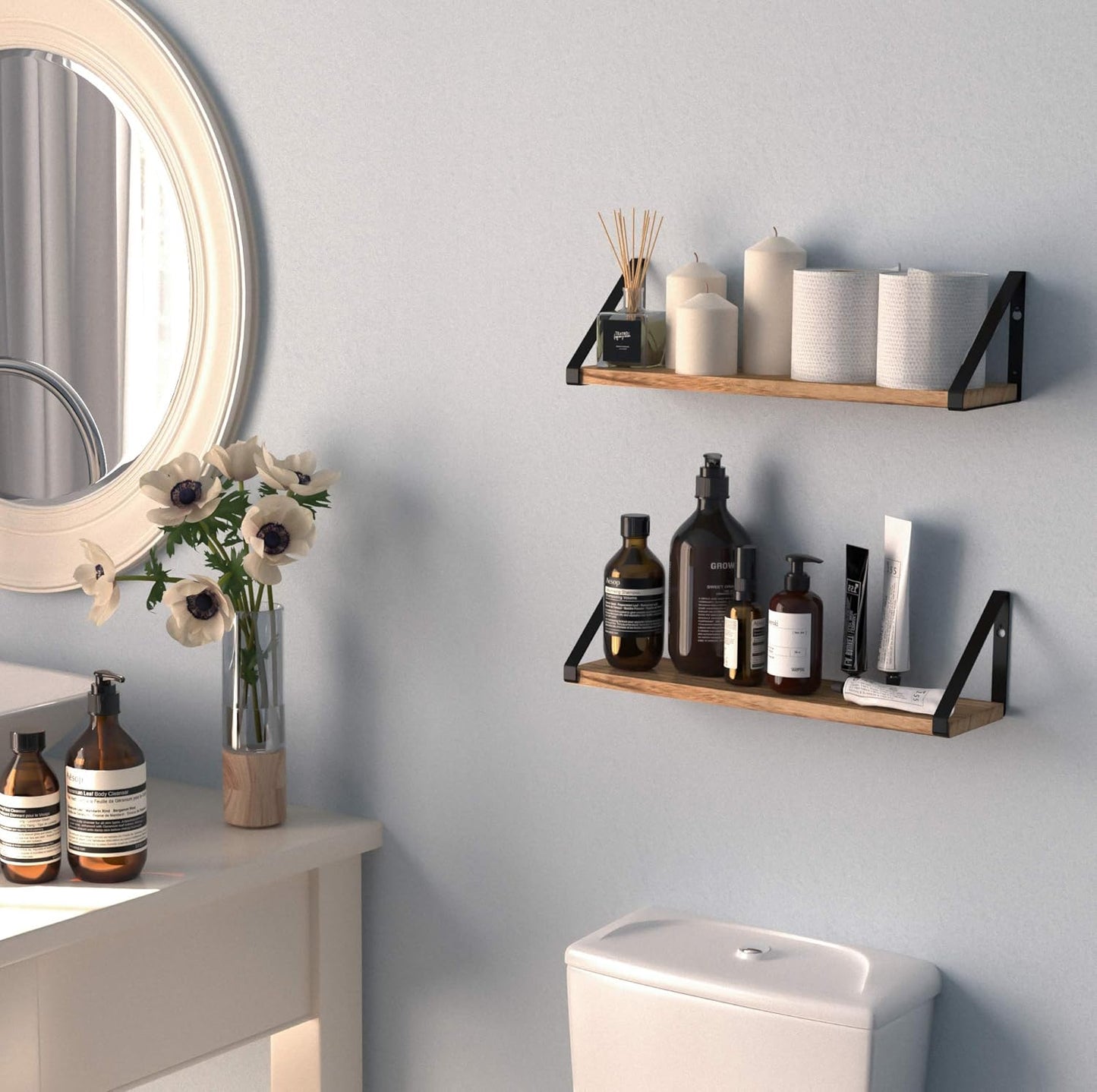 Set of 2 Rustic Floating Shelves – Wall Mounted Storage for Bathroom, Kitchen, Bedroom, or Laundry Room – Natural Burned Wood with Black Metal Brackets – Farmhouse Wall Decor Organizer
