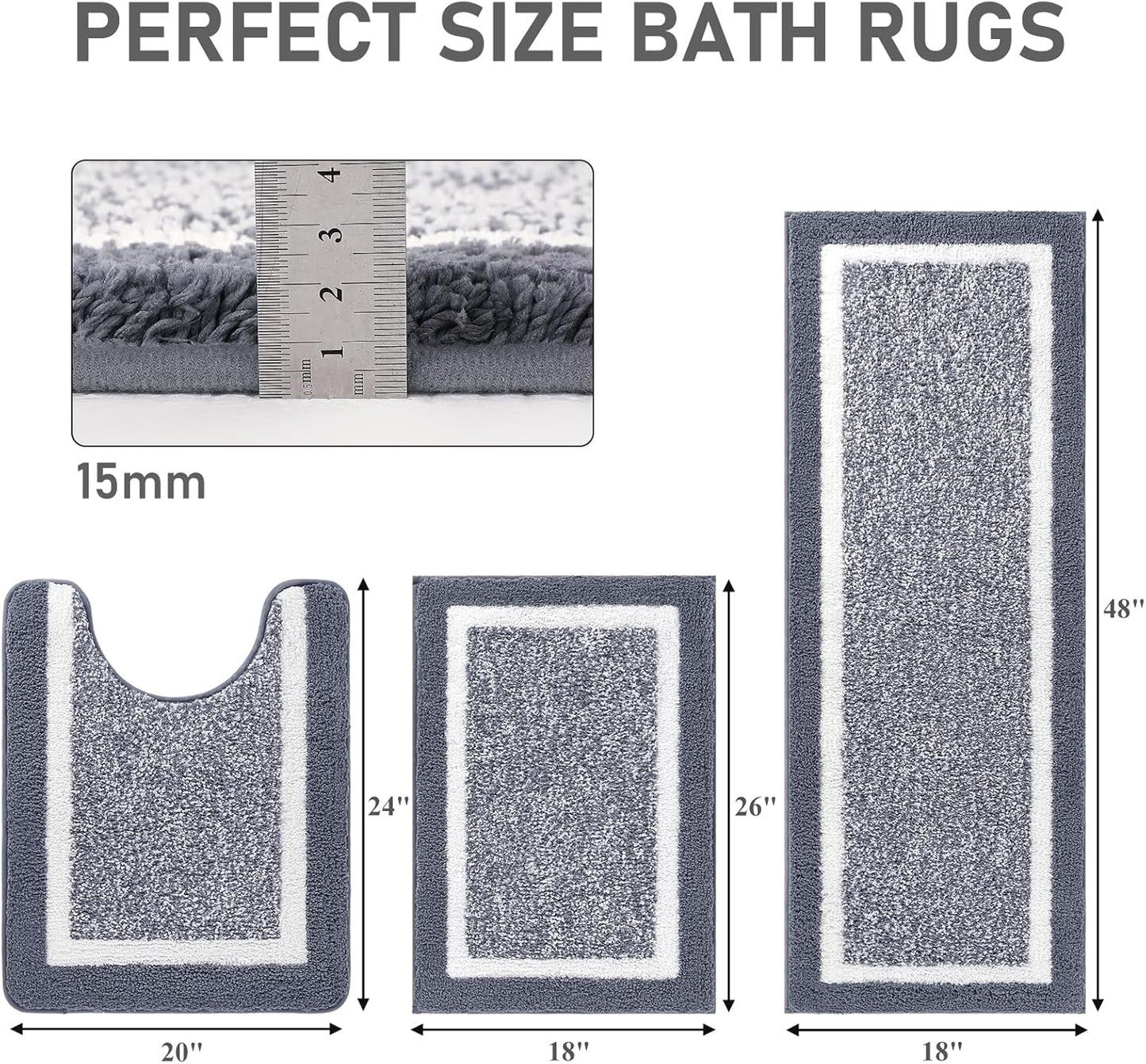 3-Piece Microfiber Bathroom Rug Set – Non-Slip Shaggy Bath Mats (Dark Grey)