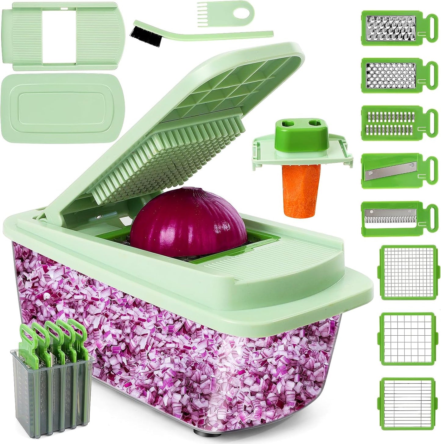 16-in-1 Vegetable Chopper & Spiralizer – Multi-Blade Onion Cutter with Container
