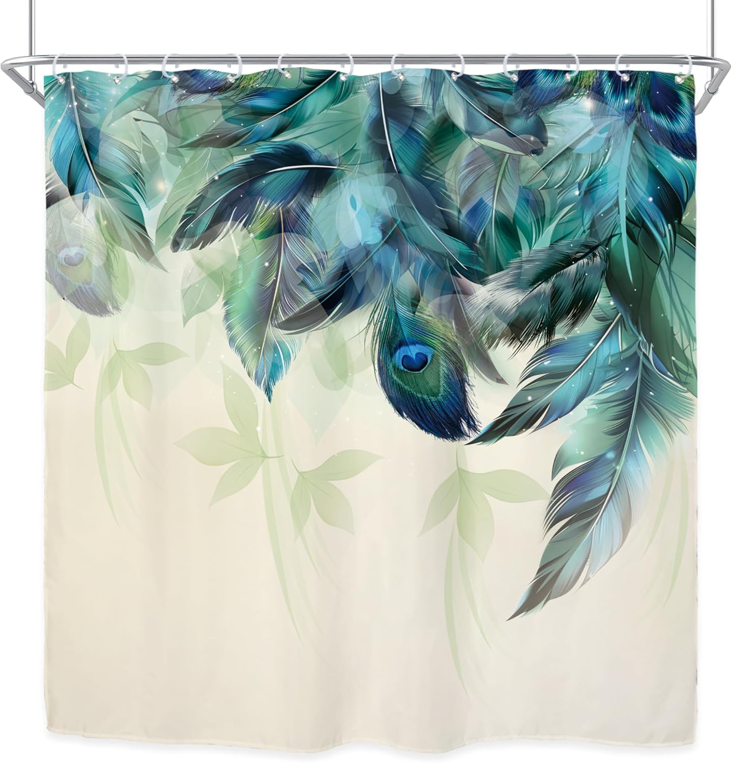 Teal Peacock Feather Shower Curtain – 72x72” Watercolor Turquoise Floral Bathroom Decor with Hooks